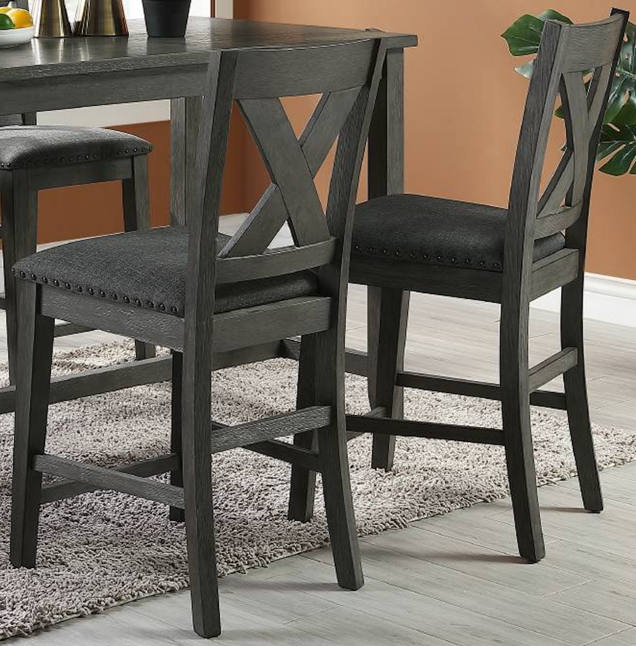 Modern Contemporary Dining Room Furniture Chairs Set of 2 Counter Height Chairs Gray Finish Wooden High Chair X Back Design Cushion Seat