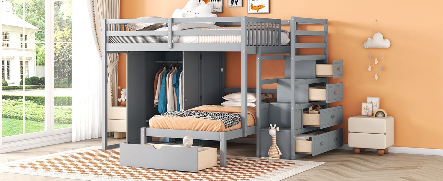 Full Over Twin Bunk Bed with Wardrobe, Drawers, Gray