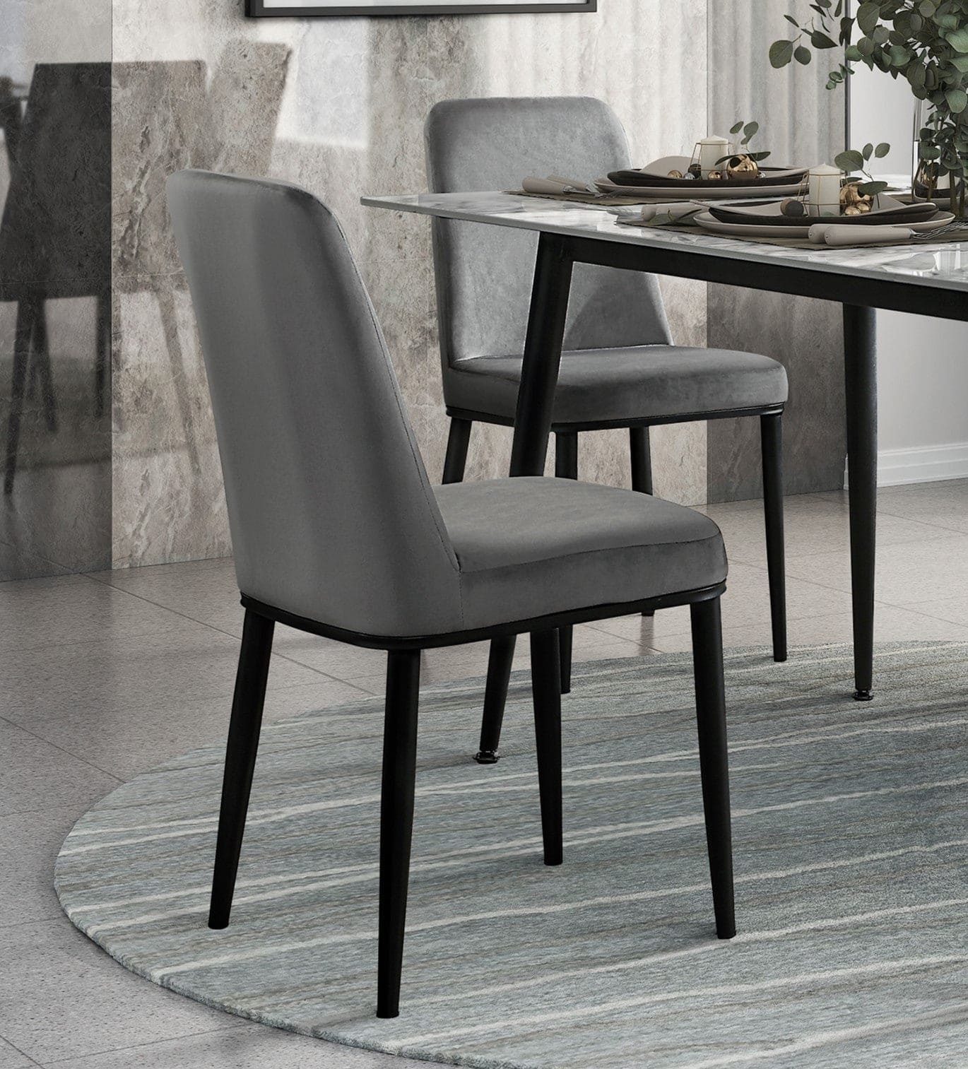 Contemporary Sleek Design Dining Set 5pc Dining Table and Gray velvet Chairs Stunning Sintered Stone Tabletop Metal Legs Dining Furniture