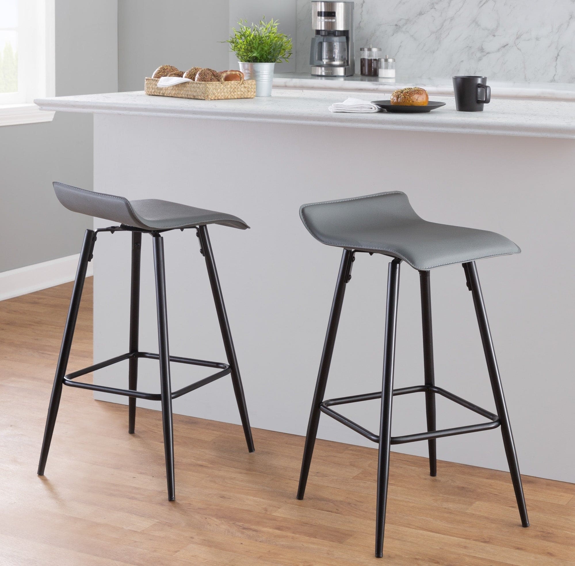 Ale 26" Contemporary Fixed Height Counter Stool in Black Steel and Grey Faux Leather by LumiSource - Set of 2