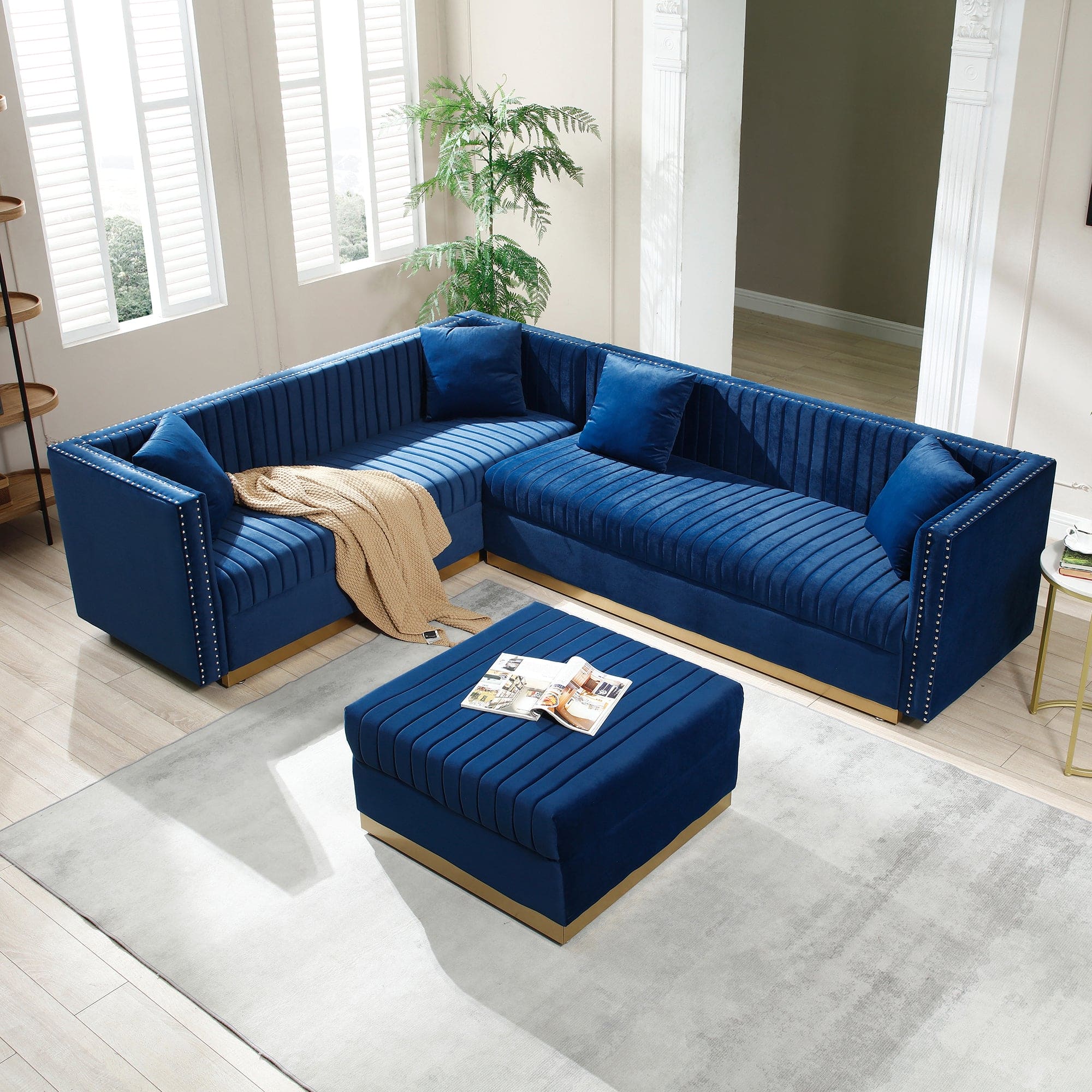 Contemporary Vertical Channel Tufted Velvet Sectional Sofa Modern Upholstered Corner Couch for Living Room Apartment with Ottoman and 4 pillows,Blue