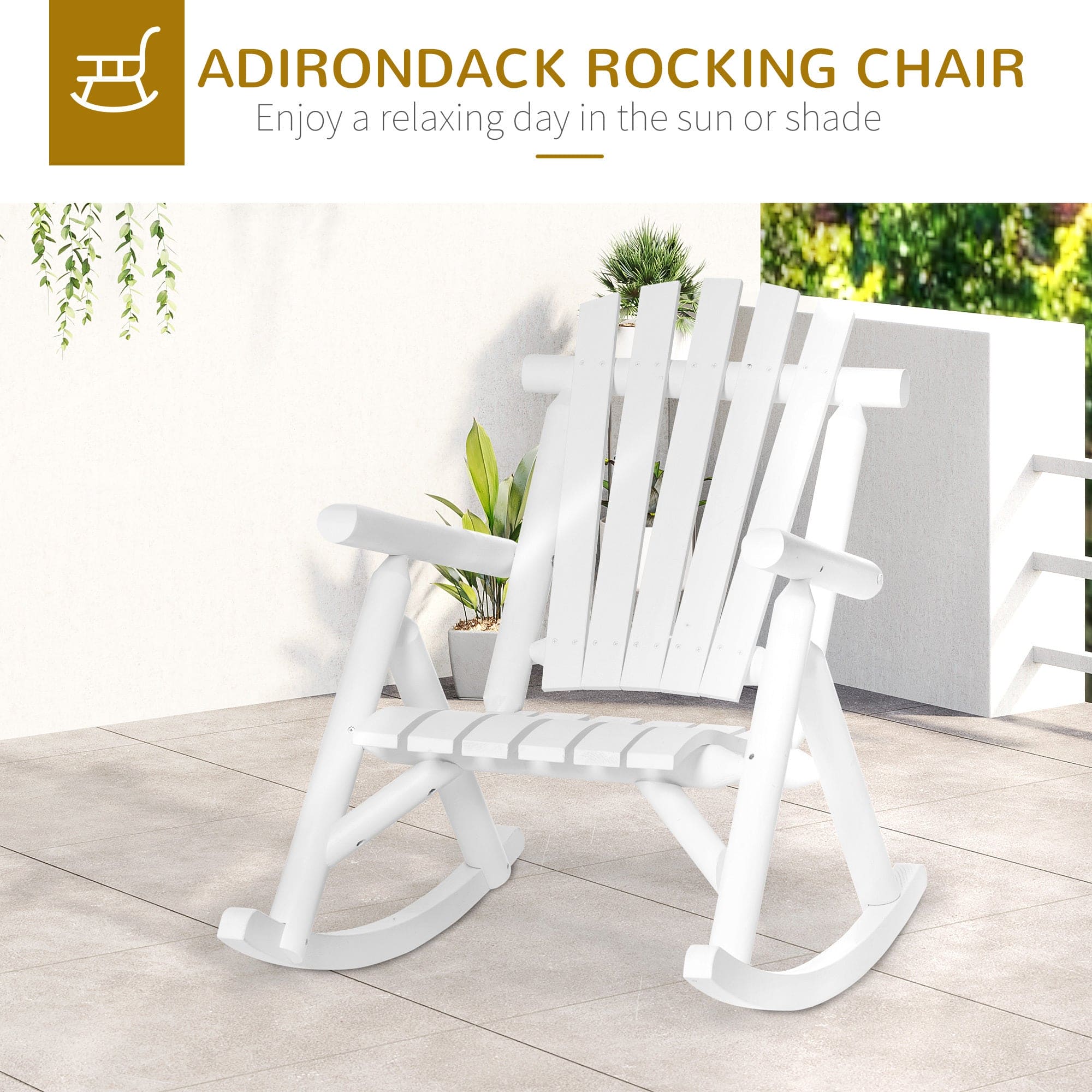 Outsunny Outdoor Wooden Rocking Chair, Rustic Adirondack Rocker with Slatted Seat, High Backrest, Armrests for Patio, Garden, and Porch, Large, White