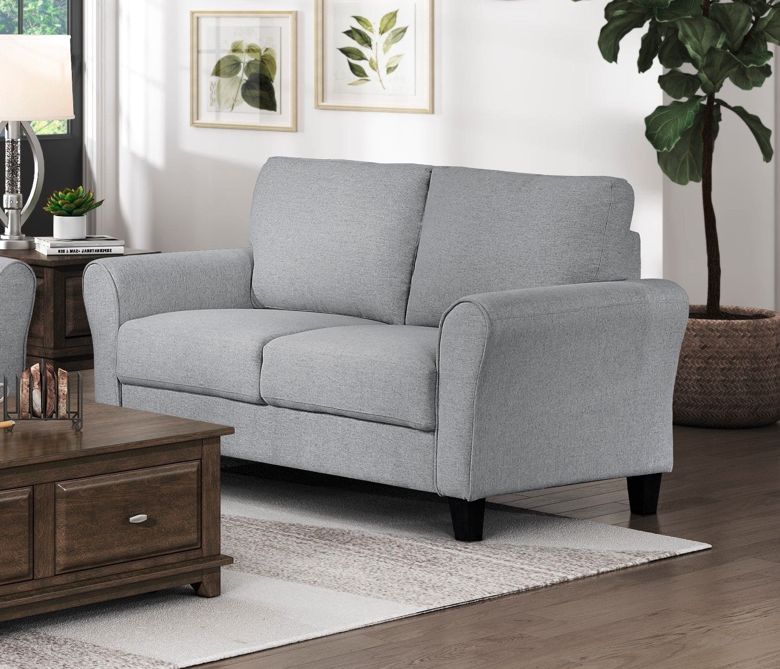 Modern 1pc Loveseat Dark Gray Textured Fabric Upholstered Rounded Arms Attached Cushions Transitional Living Room Furniture