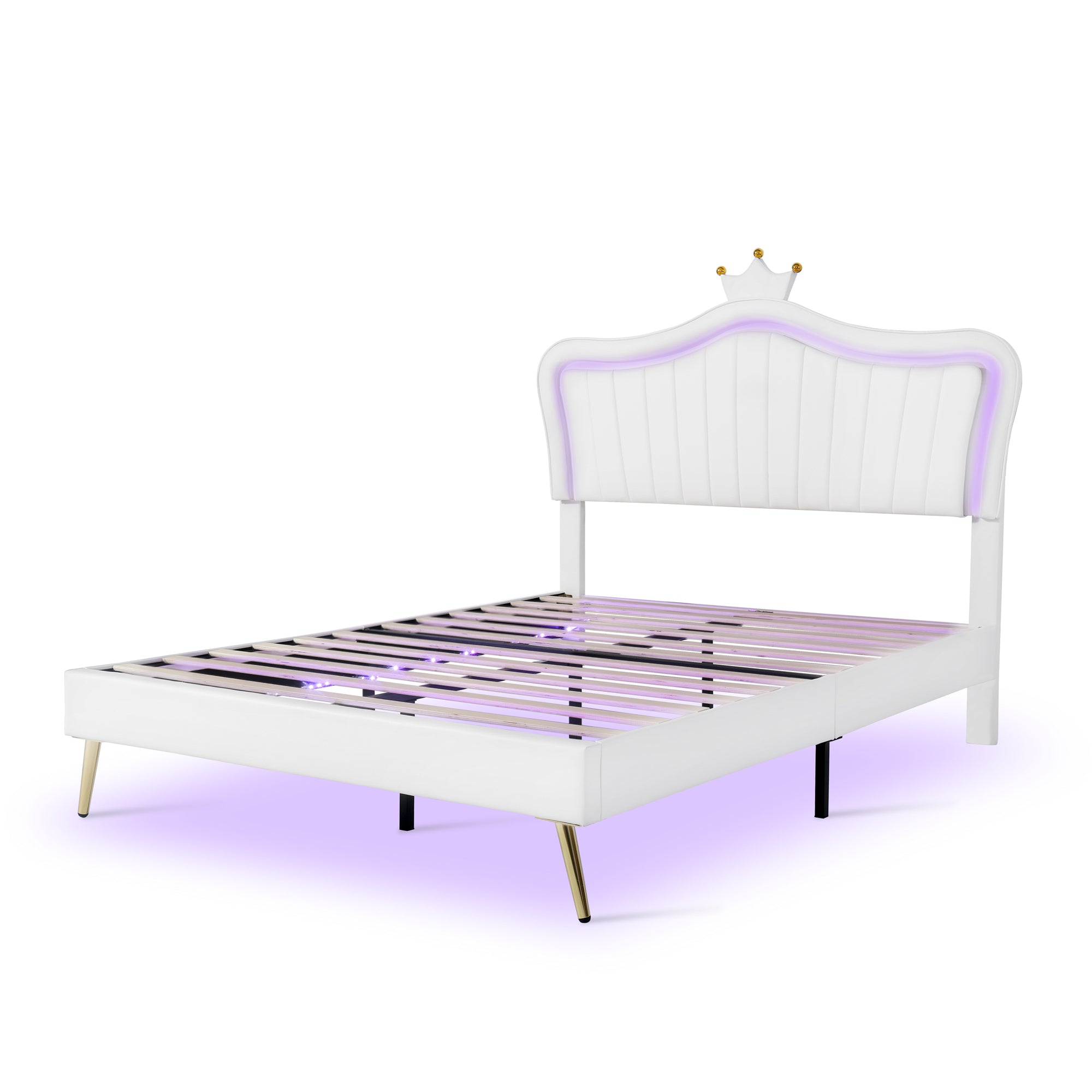 Queen Size Upholstered Bed Frame with LED Lights,Modern Upholstered Princess Bed With Crown Headboard,White