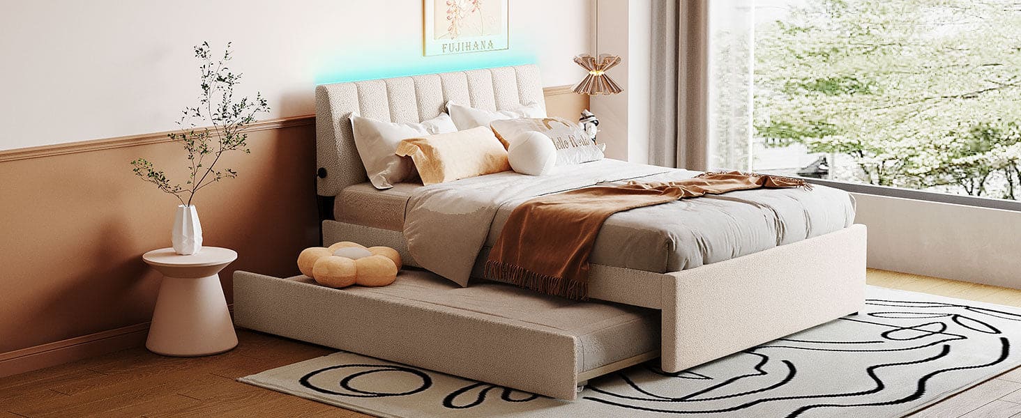 Teddy Fleece Full Size Upholstered Platform Bed with Trundle, Beige