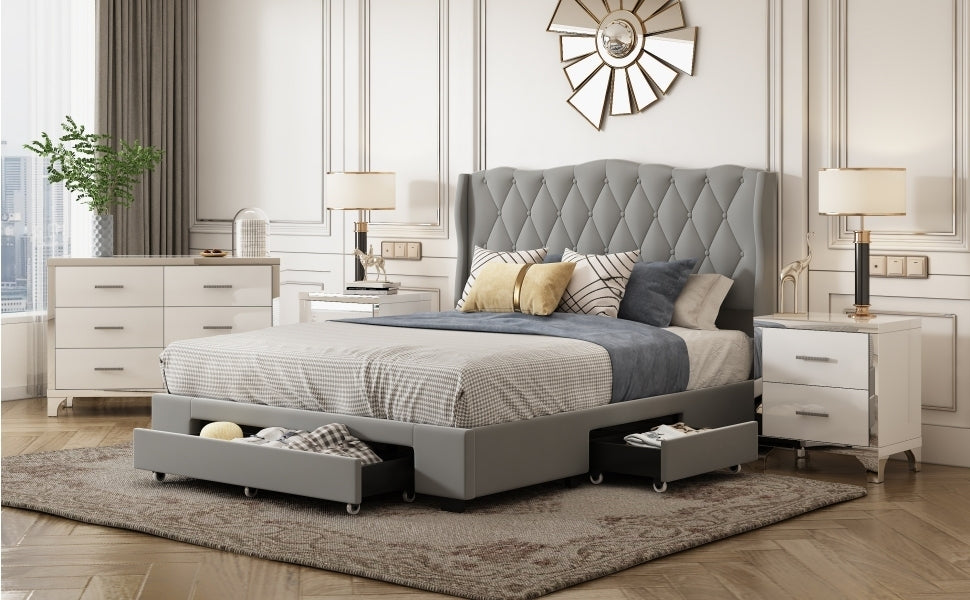 Upholstered Platform Bed with Tufted Headboard and 3 Drawers, No Box Spring Needed, Velvet Fabric, Queen Size Gray