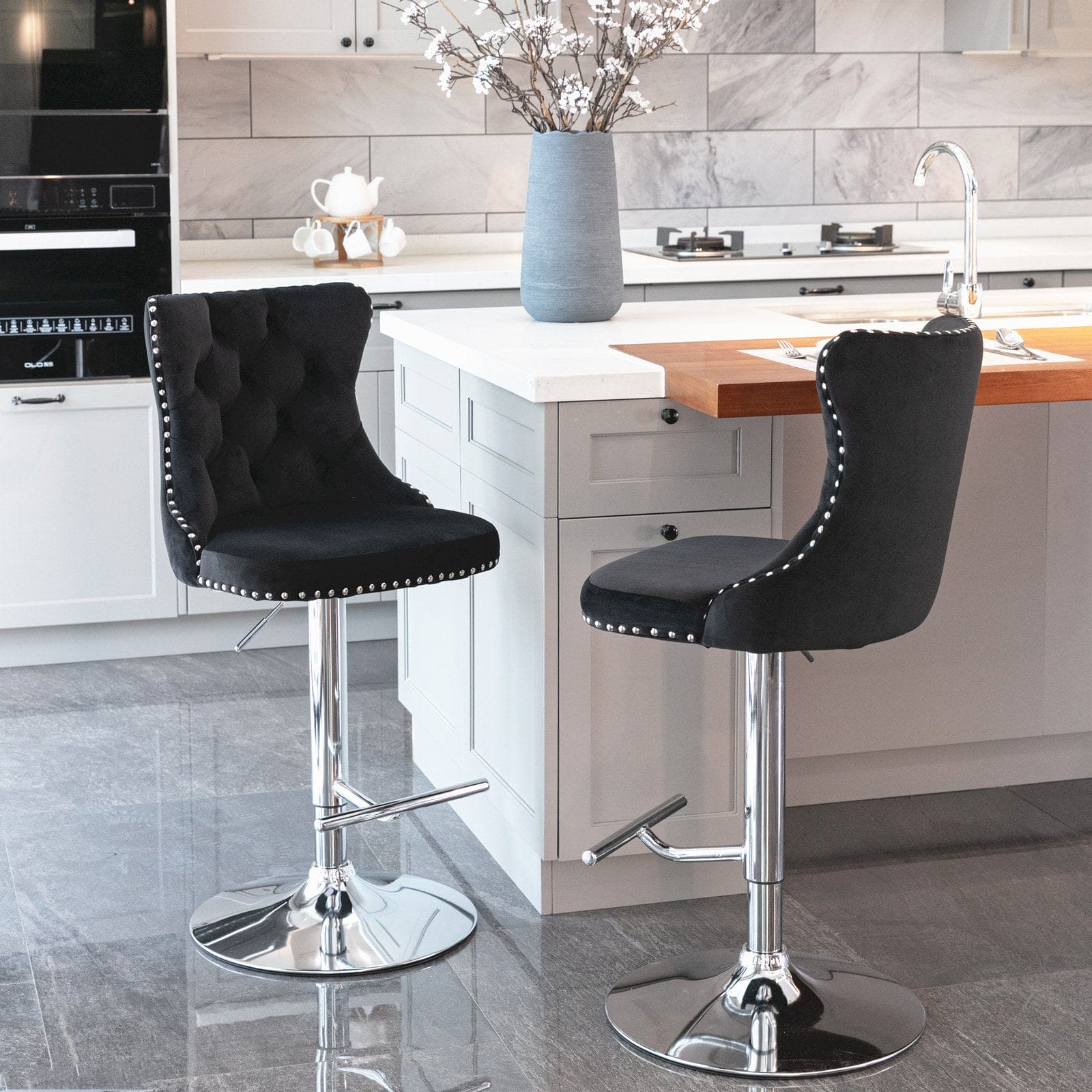 A&A Furniture,Swivel Velvet Barstools Black,Set of 2