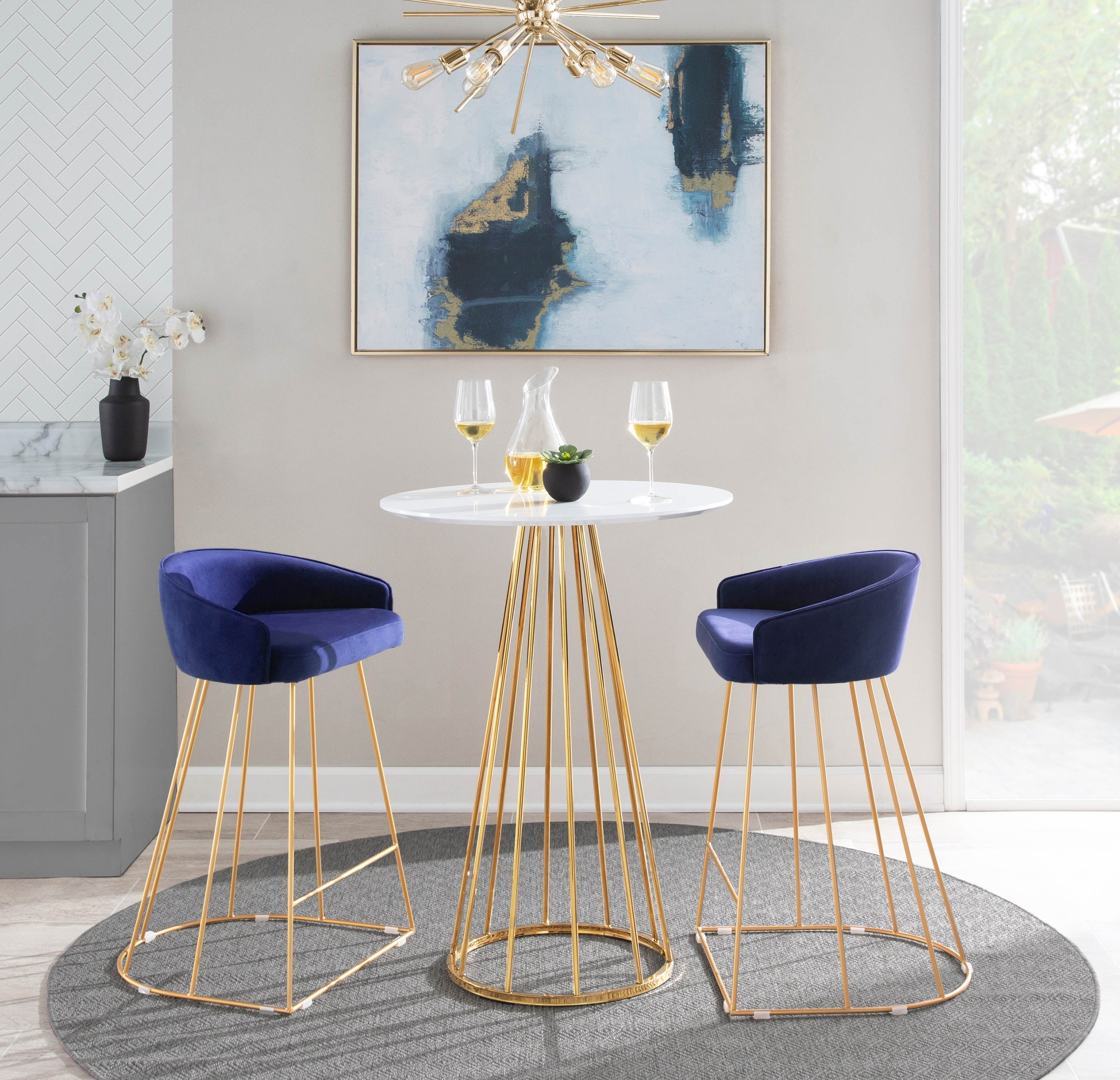 Canary Contemporary Counter Stool in Gold with Blue Velvet by LumiSource - Set of 2