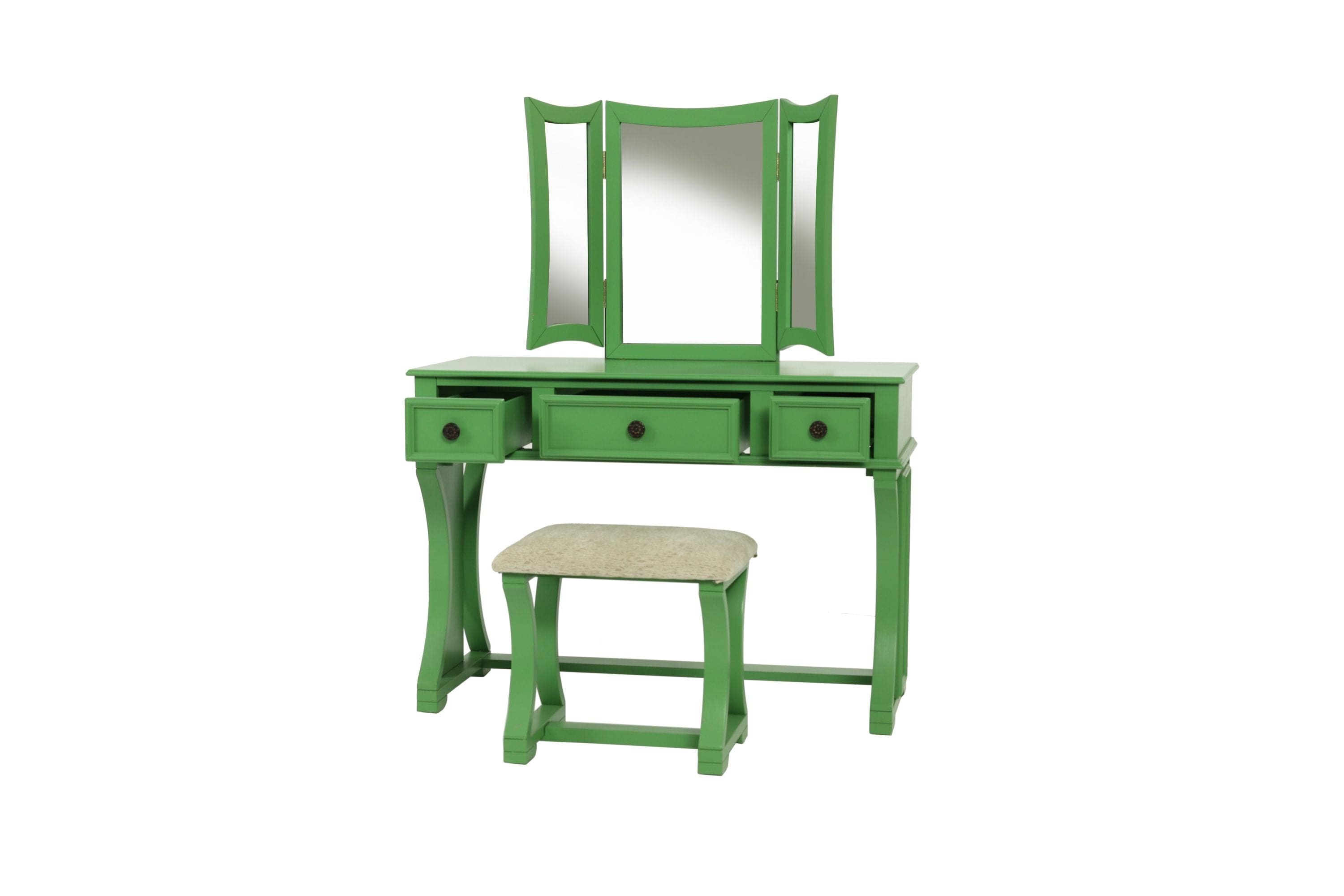 Unique Modern Bedroom Vanity Set w Stool Foldable Mirror Drawers Apple Green Color MDF Veneer 1pc Vanity Furniture