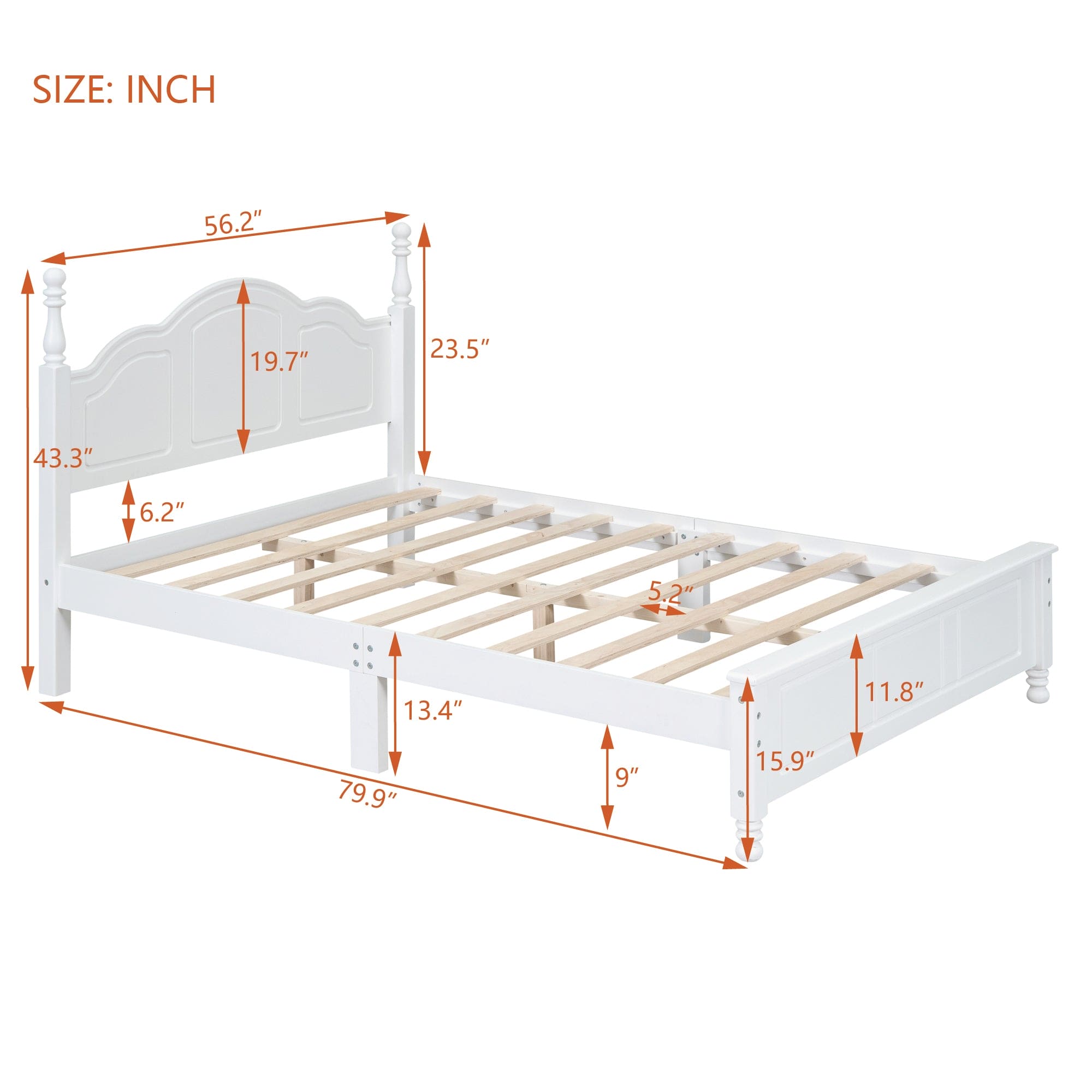 Full Size Wood Platform Bed Frame,Retro Style Platform Bed with Wooden Slat Support,White