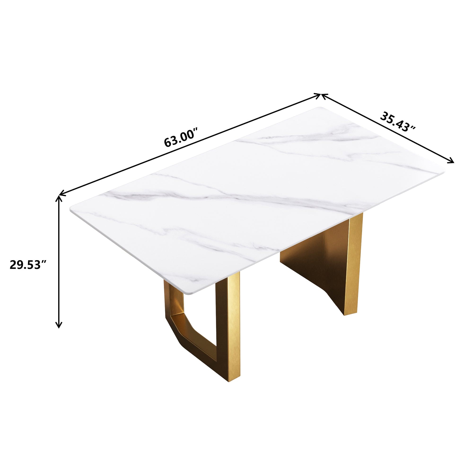 63"Modern artificial stone white straight edge golden metal leg dining table -6 people