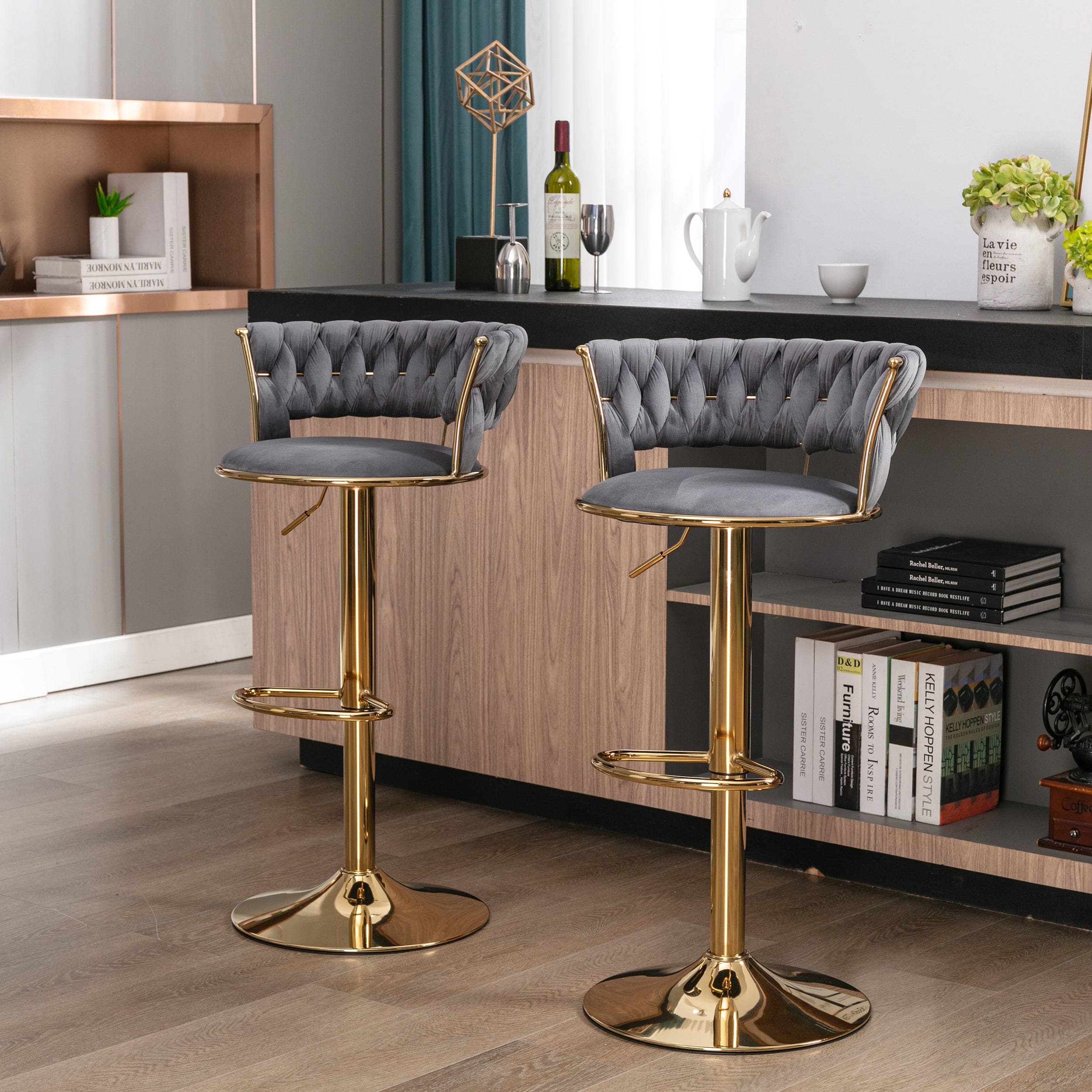 Set of 2  Bar Stools,with Chrome Footrest and Base Swivel Height Adjustable Mechanical Lifting Velvet + Golden Leg Simple Bar Stool-gray