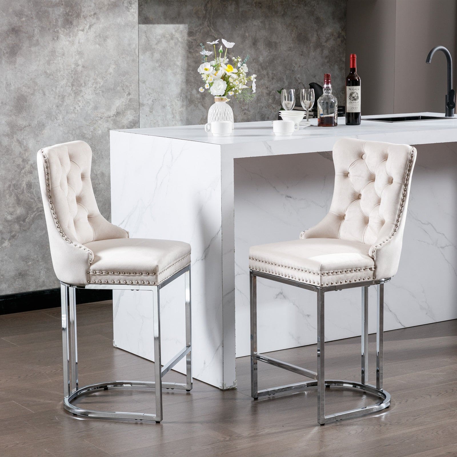 26" Counter Height Bar Stools Set of 2, Modern Velvet Barstools with Button Back&Rivet Trim Upholstered Kitchen Island Chairs with Sturdy Chromed Metal Base Legs Farmhouse Bar Stools, (Beige,2 Pack)