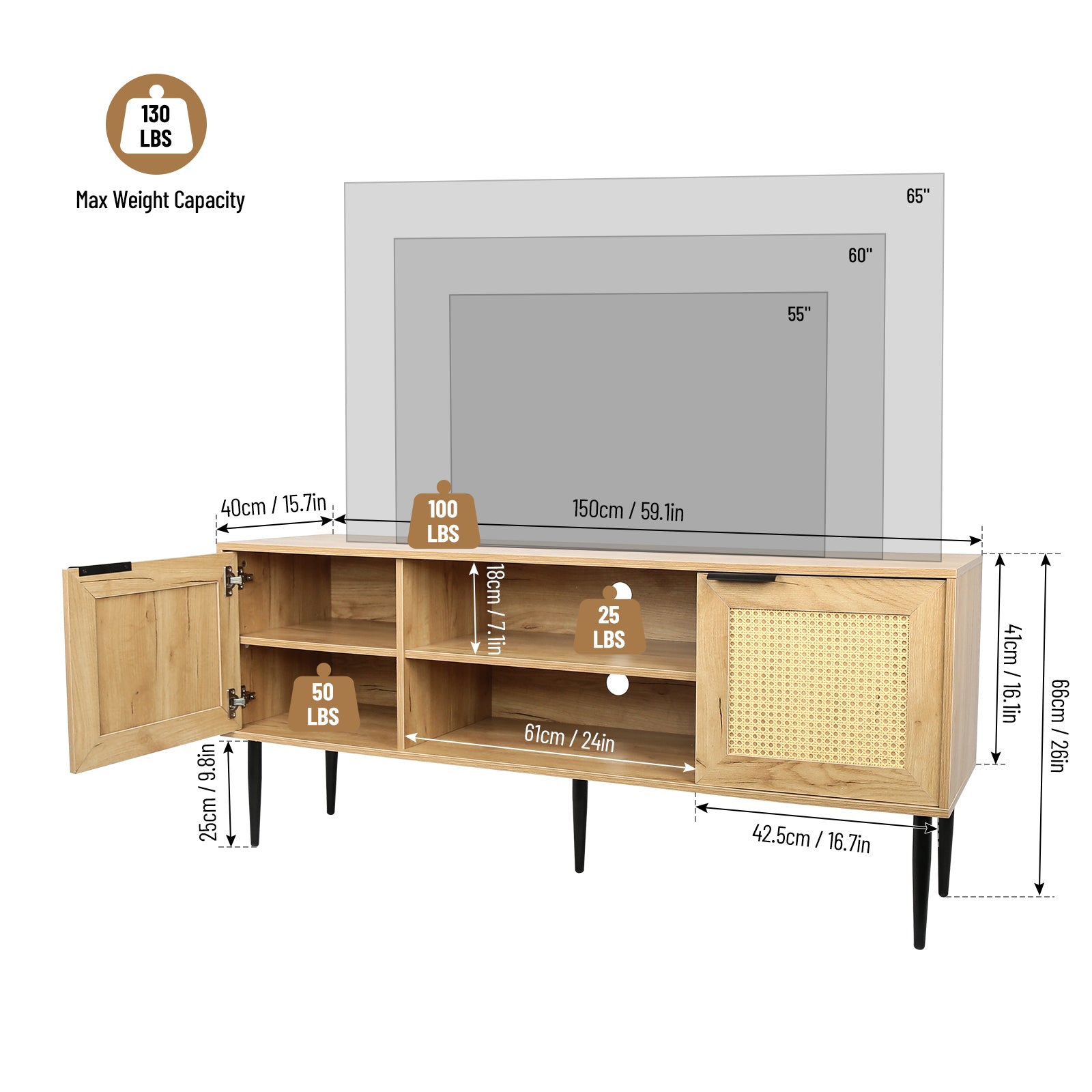 Wooden TV Stand for TVs up to 65 Inches,with 2  Rattan Decorated Doors  and 2 Open Shelves,Living Room TV Console Table Wooden Entertainment Unit, Natural Color