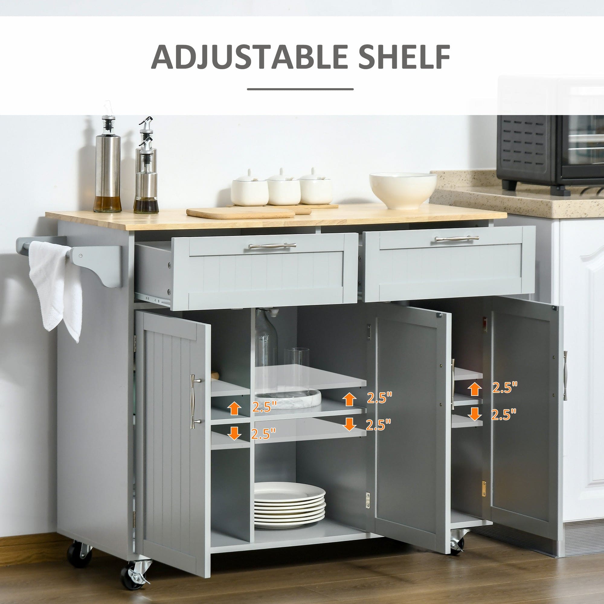 HOMCOM Mobile Kitchen Island with Storage, Kitchen Cart with Wood Top, Storage Drawers, 3-door Cabinets, Adjustable Shelves and Towel Rack, Gray