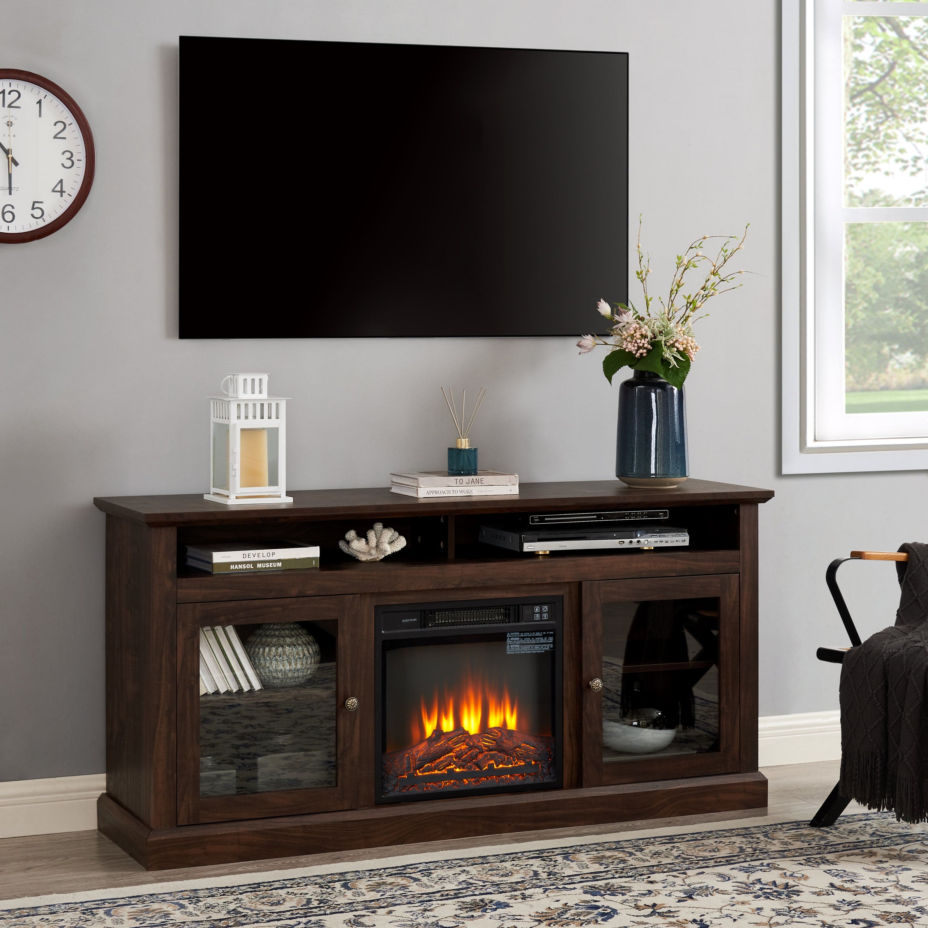 Contemporary TV Media Stand Modern Entertainment Console with 18" Fireplace Insert for TV Up to 65" with Open and Closed Storage Space, Brown, 60"W*15.75"D*29"H