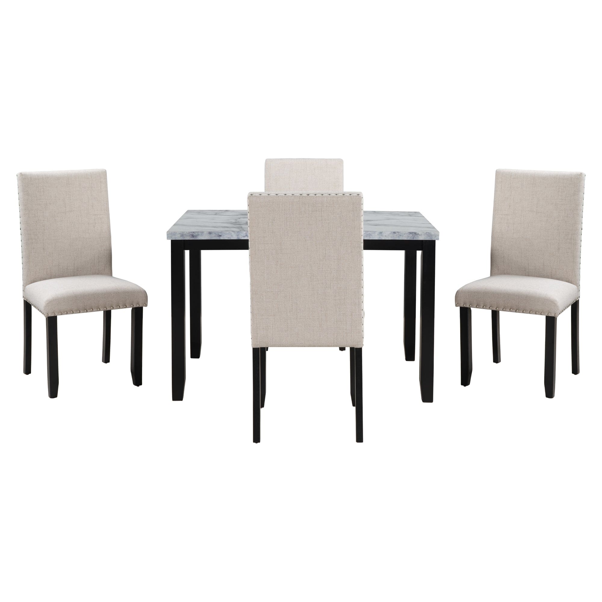 TREXM Faux Marble 5-Piece Dining Set Table with 4 Thicken Cushion Dining Chairs Home Furniture, White/Beige+Black