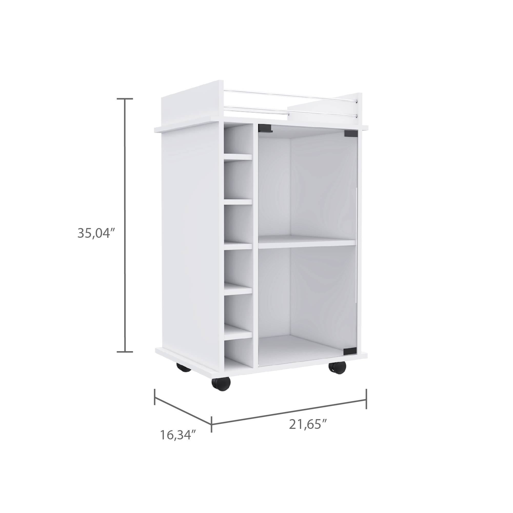 Bar Cart Baltimore, Six Wine Cubbies, Glass Door, Four Caster, Two Shelves, White Finish