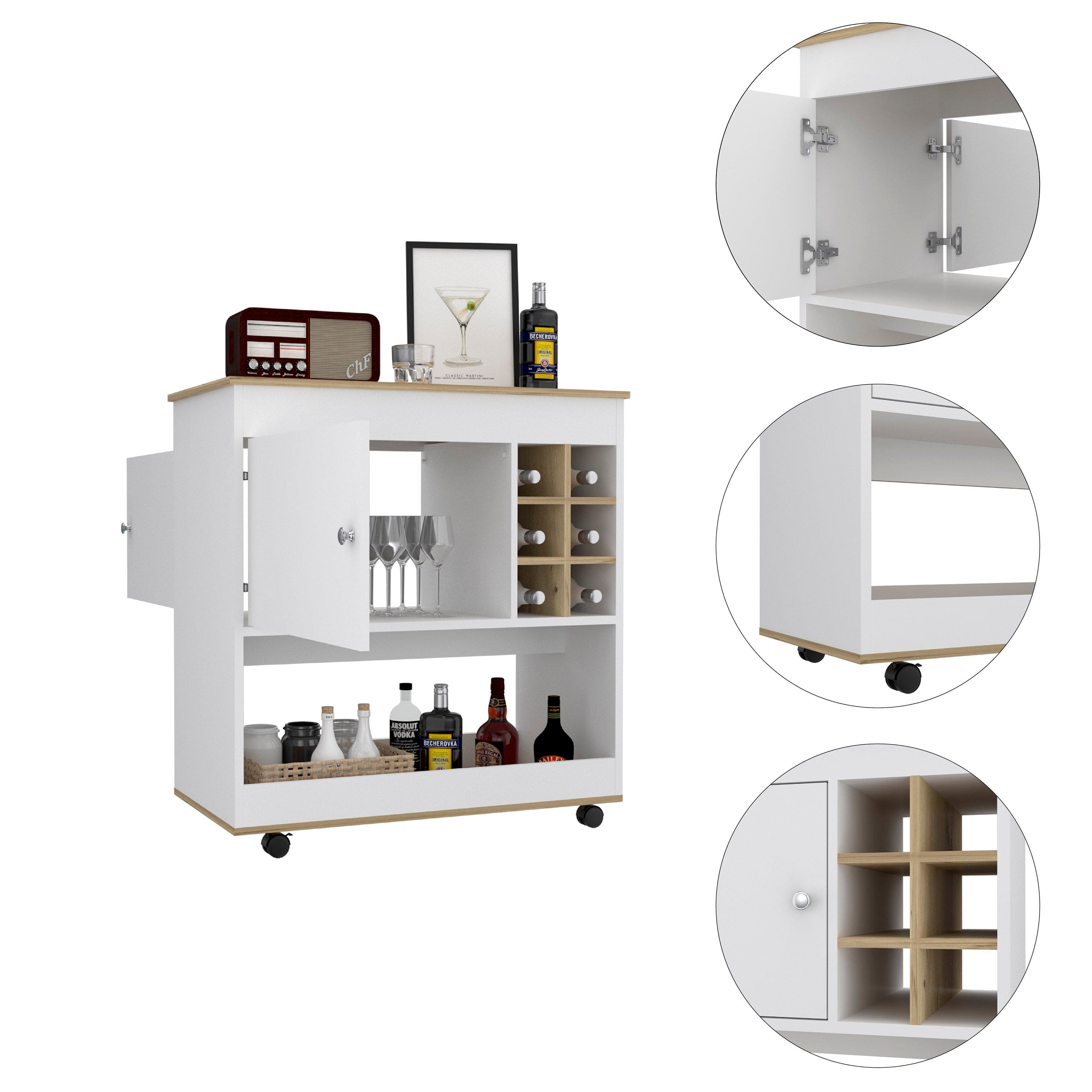 Bar Cart Aloha, Lower Panel, Six Bottle Cubbies, One Cabinet, Light Oak / White Finish