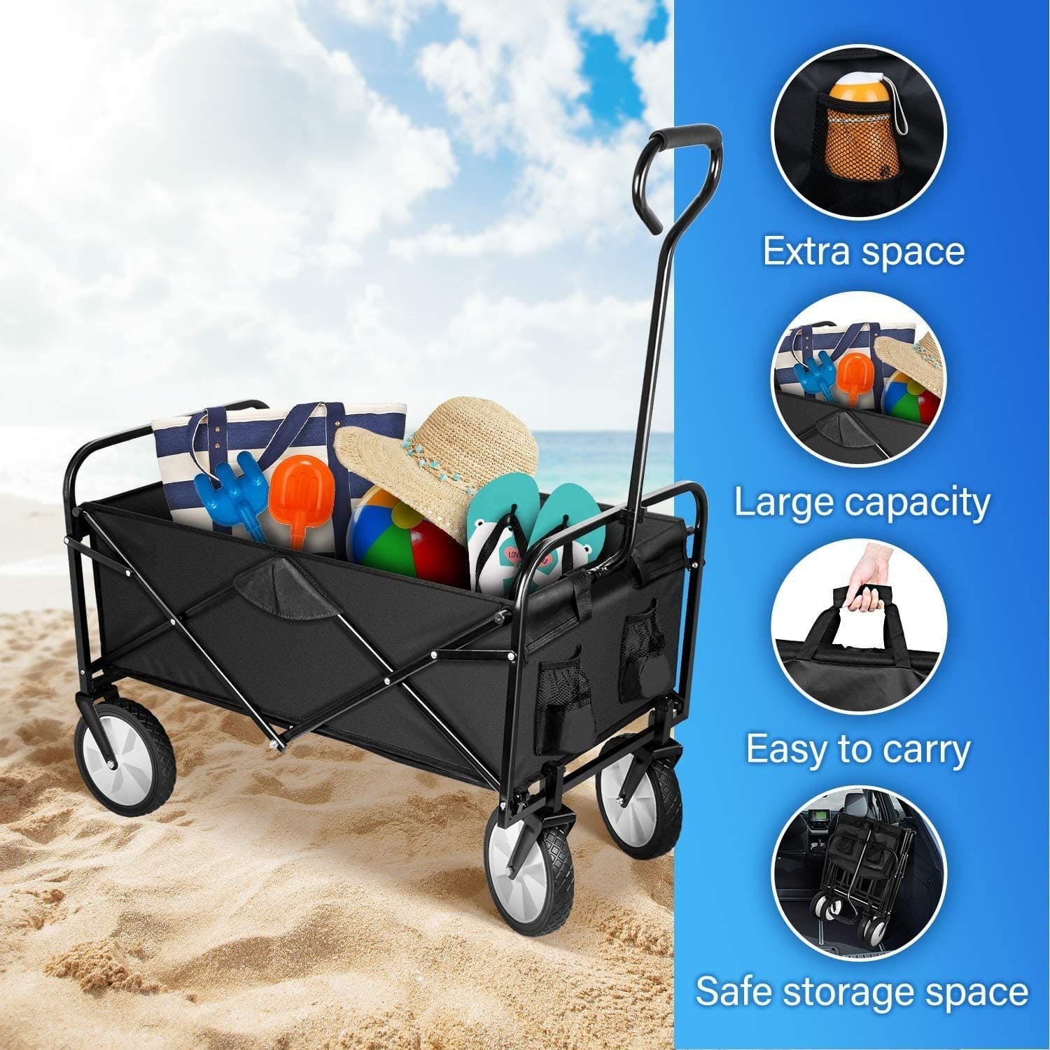 YSSOA Heavy Duty Folding Portable Hand Cart with Removable Canopy, 8\'\' Wheels, Adjustable Handles and Double Fabric for Shopping, Picnic, Beach, Camping