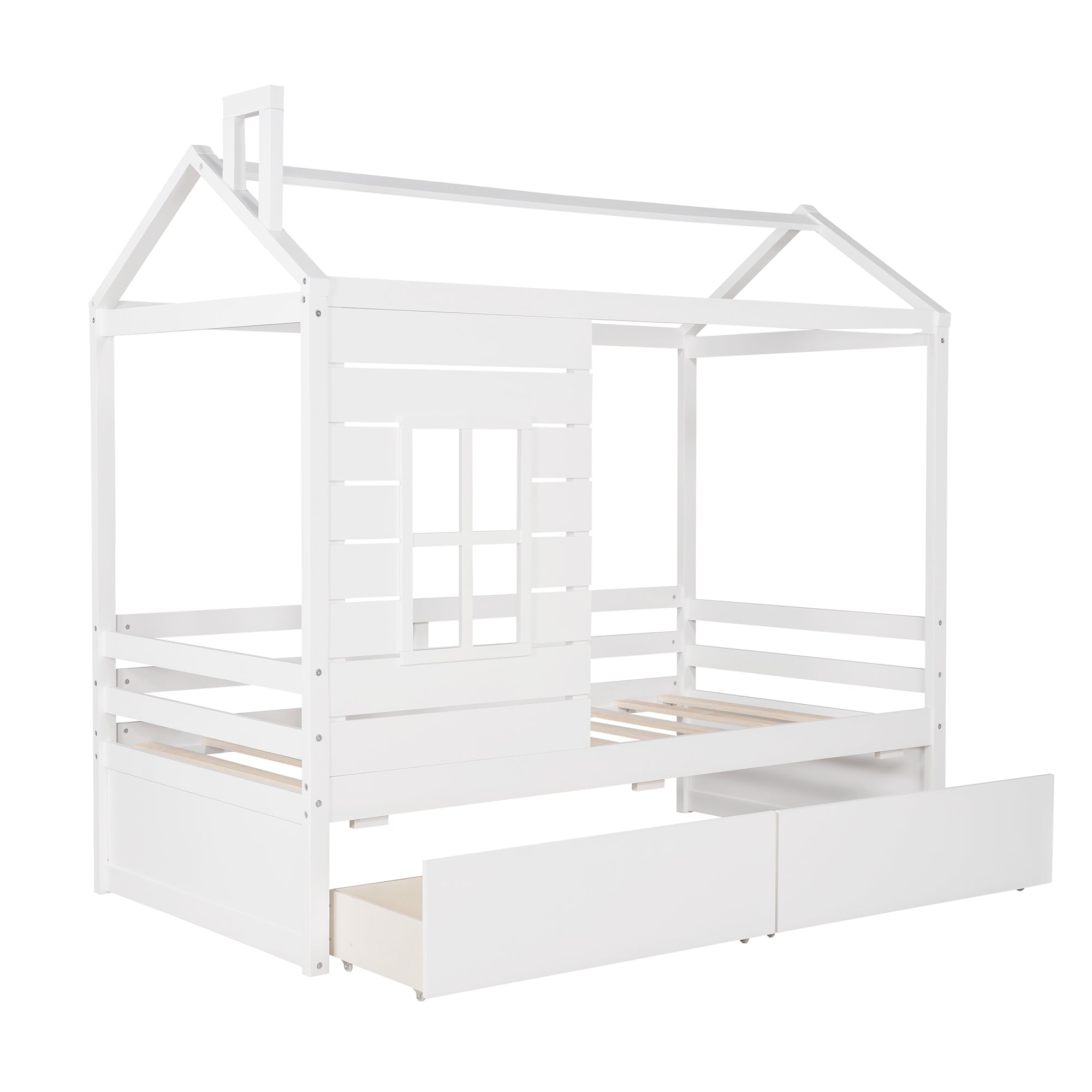 Twin Size House Bed Wood Bed with Two Drawers ( White )