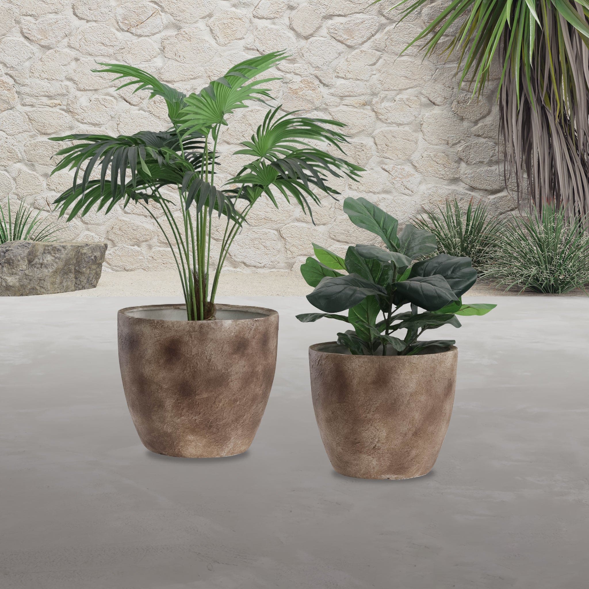 RESIN, S/2 17/20" TEXTURED PLANTERS, BROWN