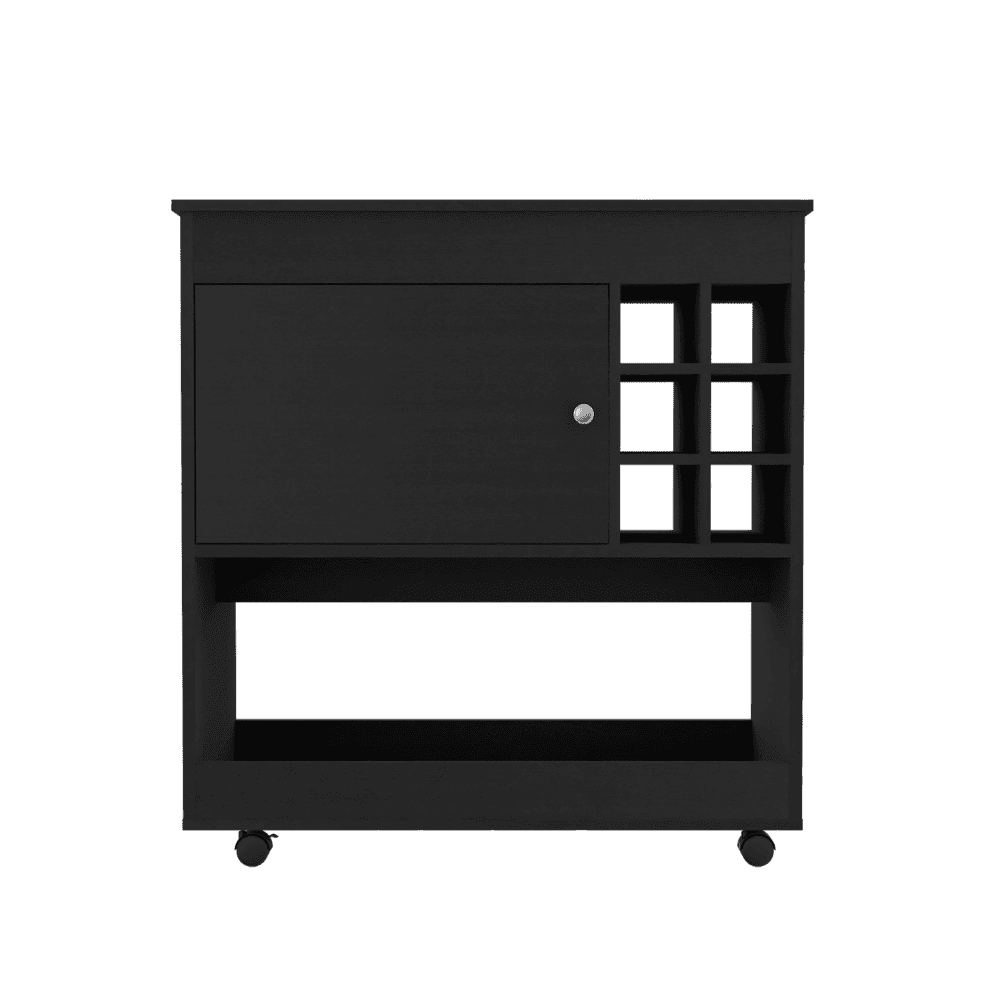 Bar Cart Aloha, Lower Panel, Six Bottle Cubbies, One Cabinet, Black Wengue Finish