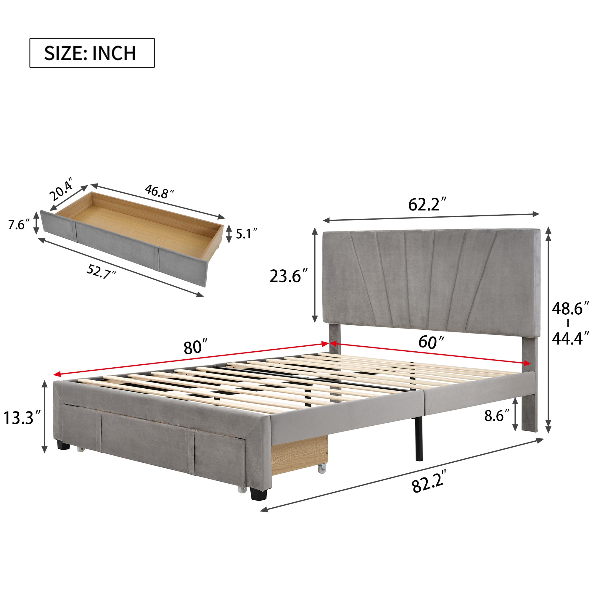 Queen Size Storage Bed Velvet Upholstered Platform Bed with a Big Drawer - Gray