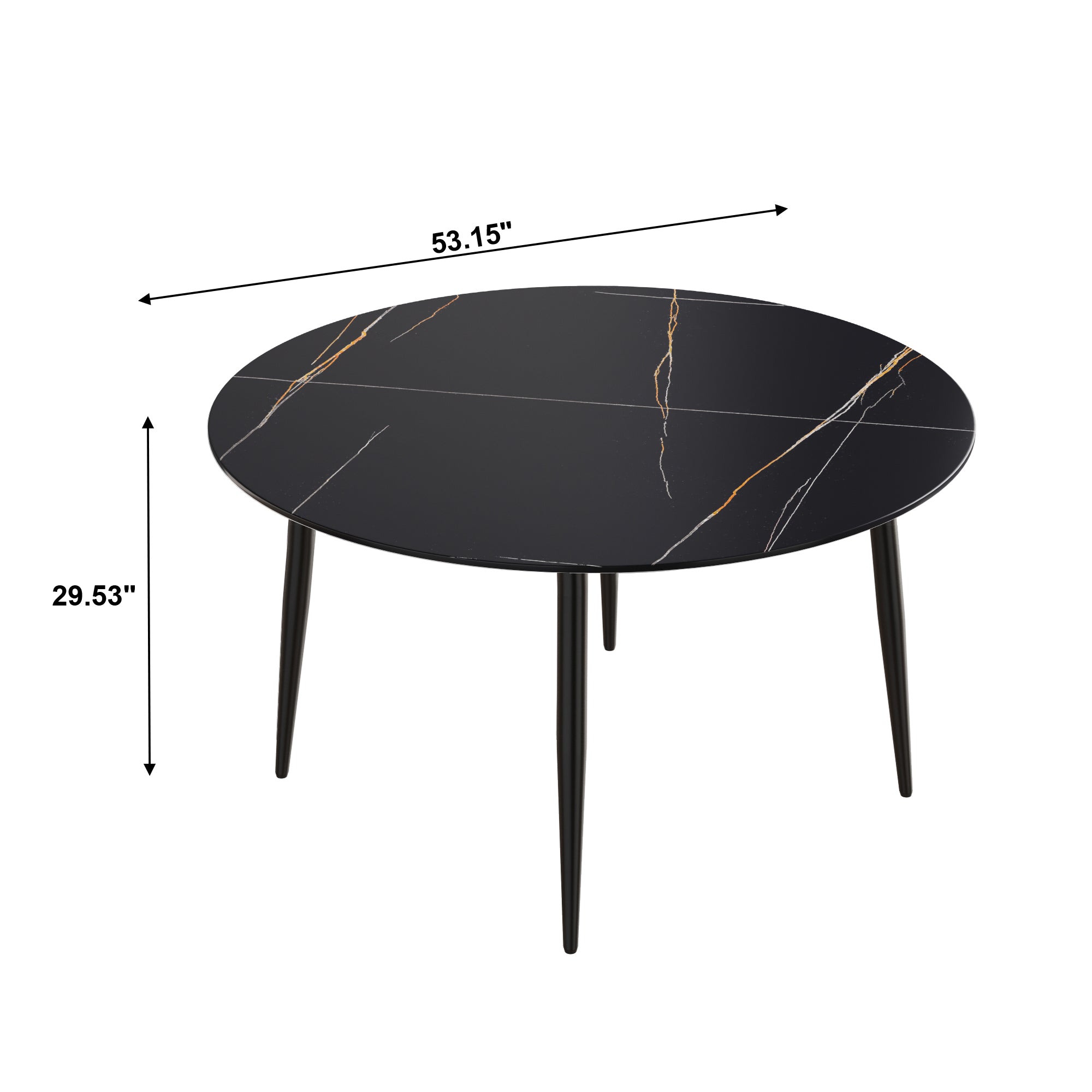 53.15 " modern artificial stone black round dining table with black metal legs-can accommodate 6 people.