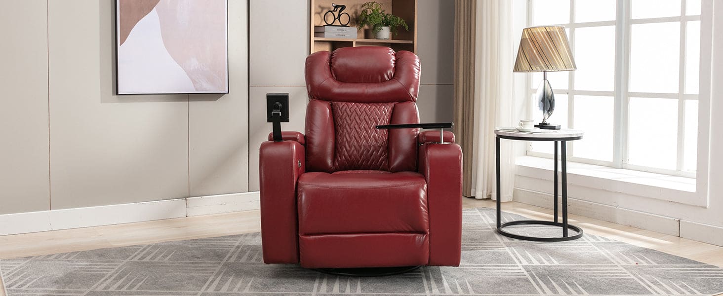 270 Degree Swivel PU Leather Power Recliner Individual Seat Home Theater Recliner with  Comforable Backrest, Tray Table,  Phone Holder, Cup Holder,  USB Port, Hidden Arm Storage for Living Room, Red