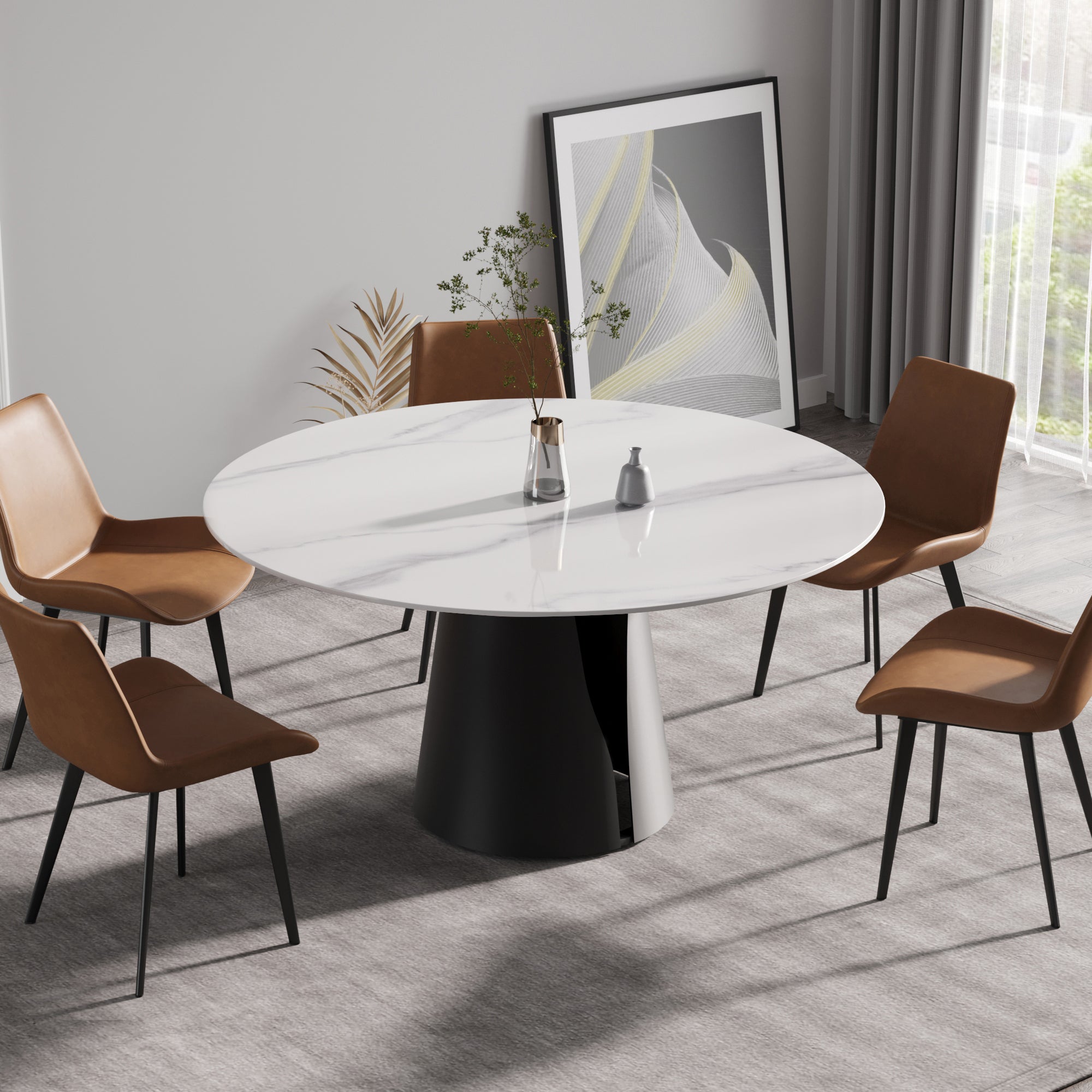 59.05"Modern artificial stone round black carbon steel base dining table-can accommodate 6 people