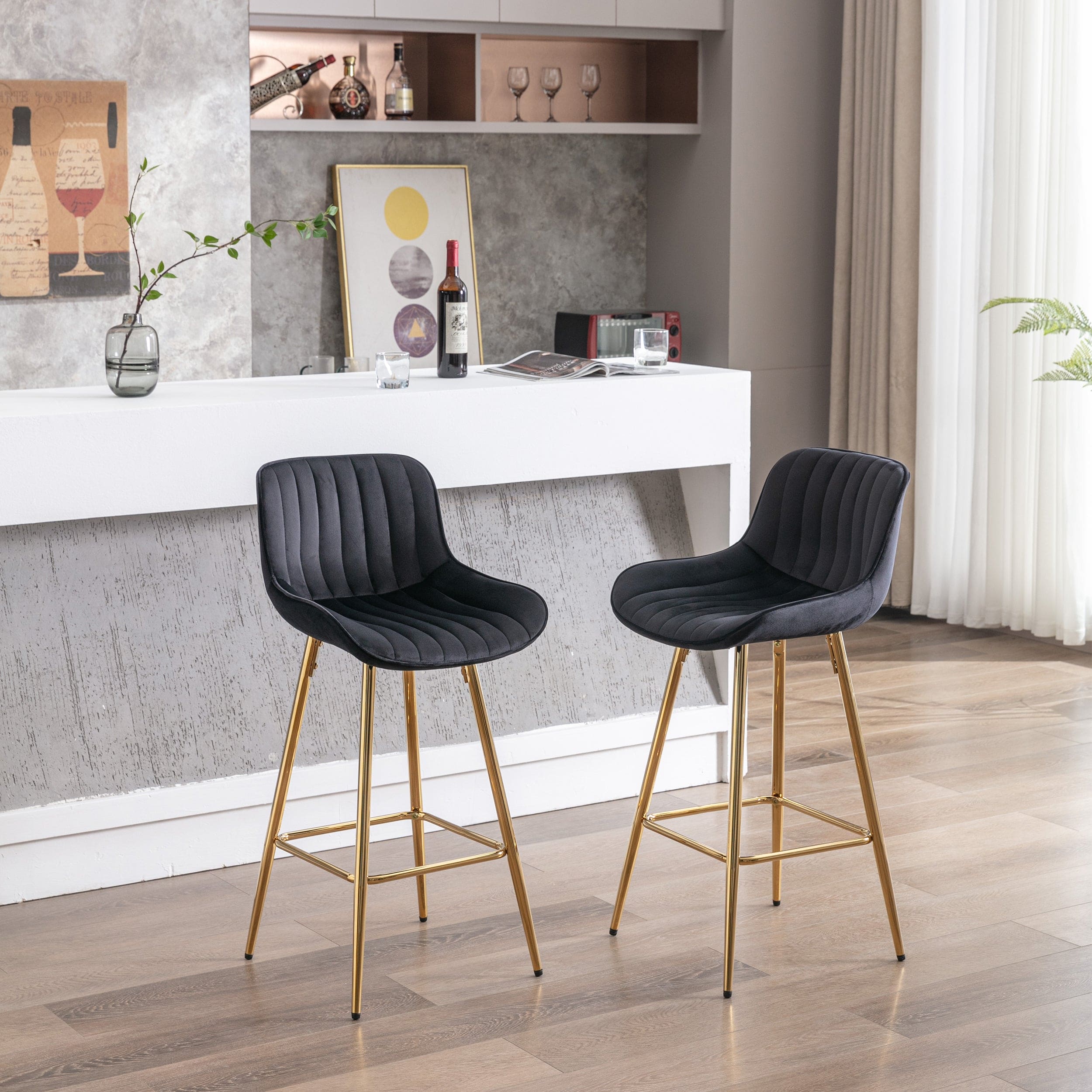 26 Inch Set of 2 Bar Stools,with Chrome Footrest  Velvet Fabric Counter Stool Golden Leg Simple Bar Stool,BLACK