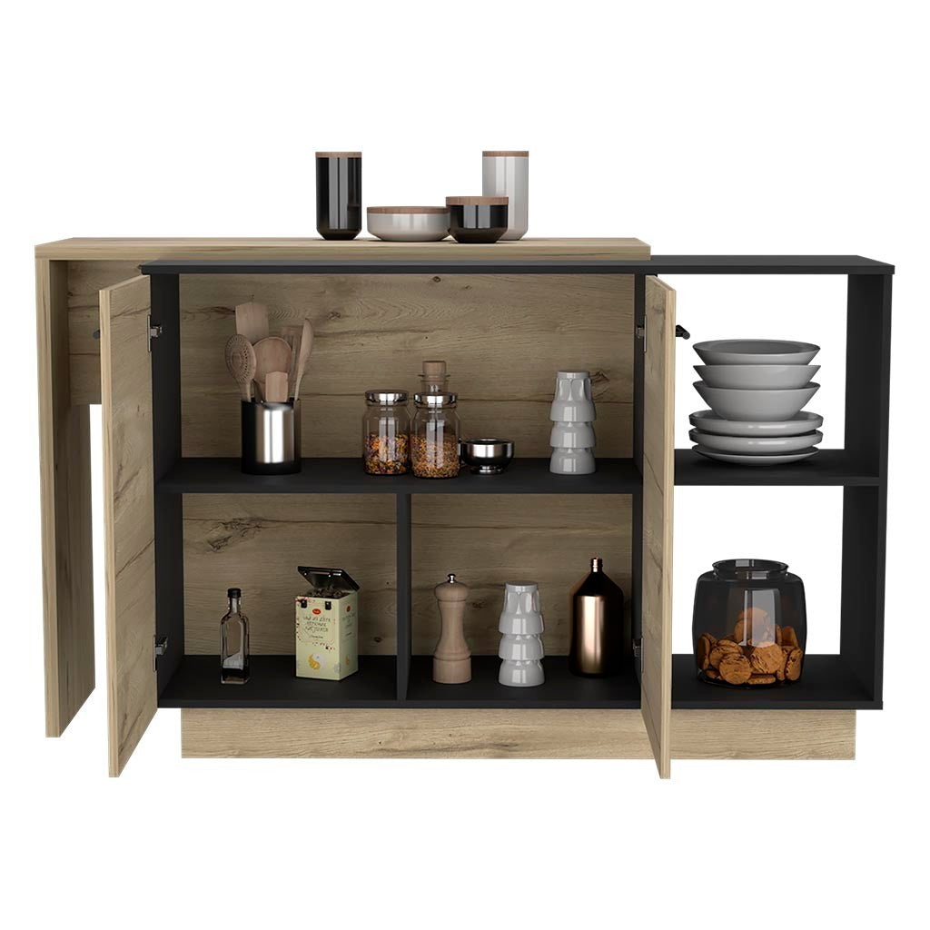 Sicilia Kitchen Island, Two  External Shelves, Double Door Cabinets, Three Shelves -Black / Light Oak