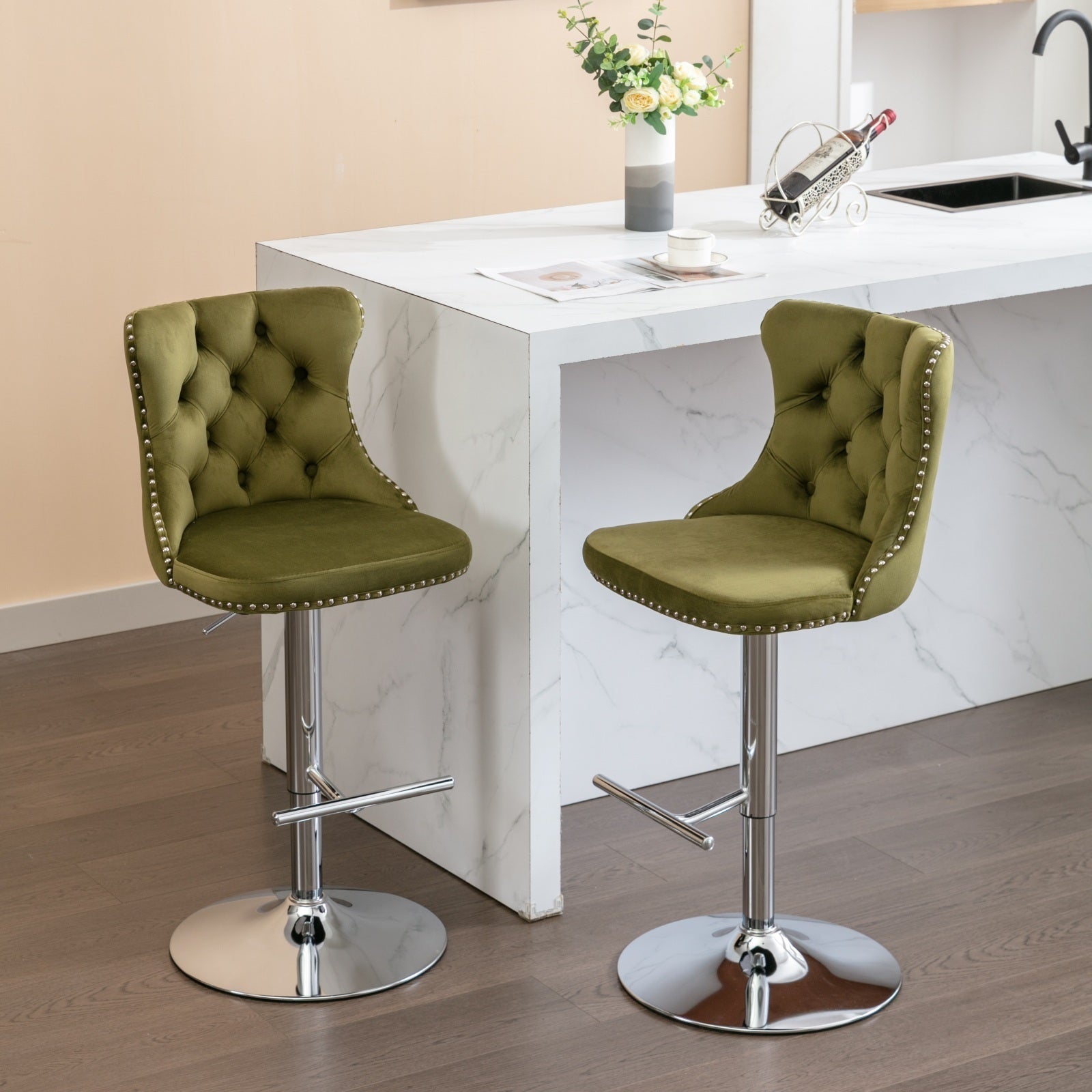 Swivel Velvet Barstools Olive-Green,Set of 2