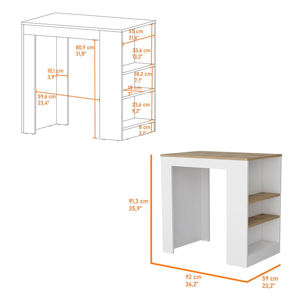 Kitchen Island Doyle, Three Side Shelves, White and Light Oak Finish