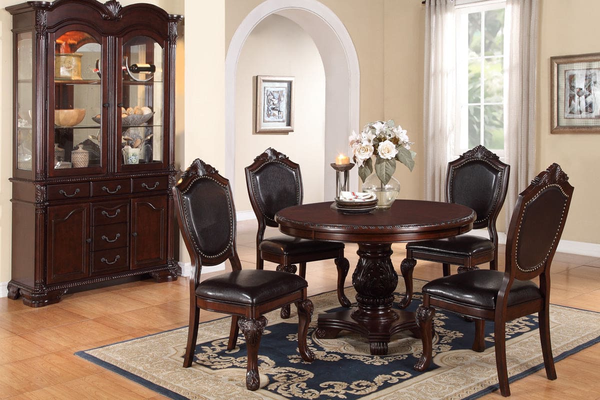 Classic Formal Dining Room Table And 4x Side Chairs Brown 5pc Set Dining Table Pedestal Base Antique Round Table Faux Leather Upholstered Chair