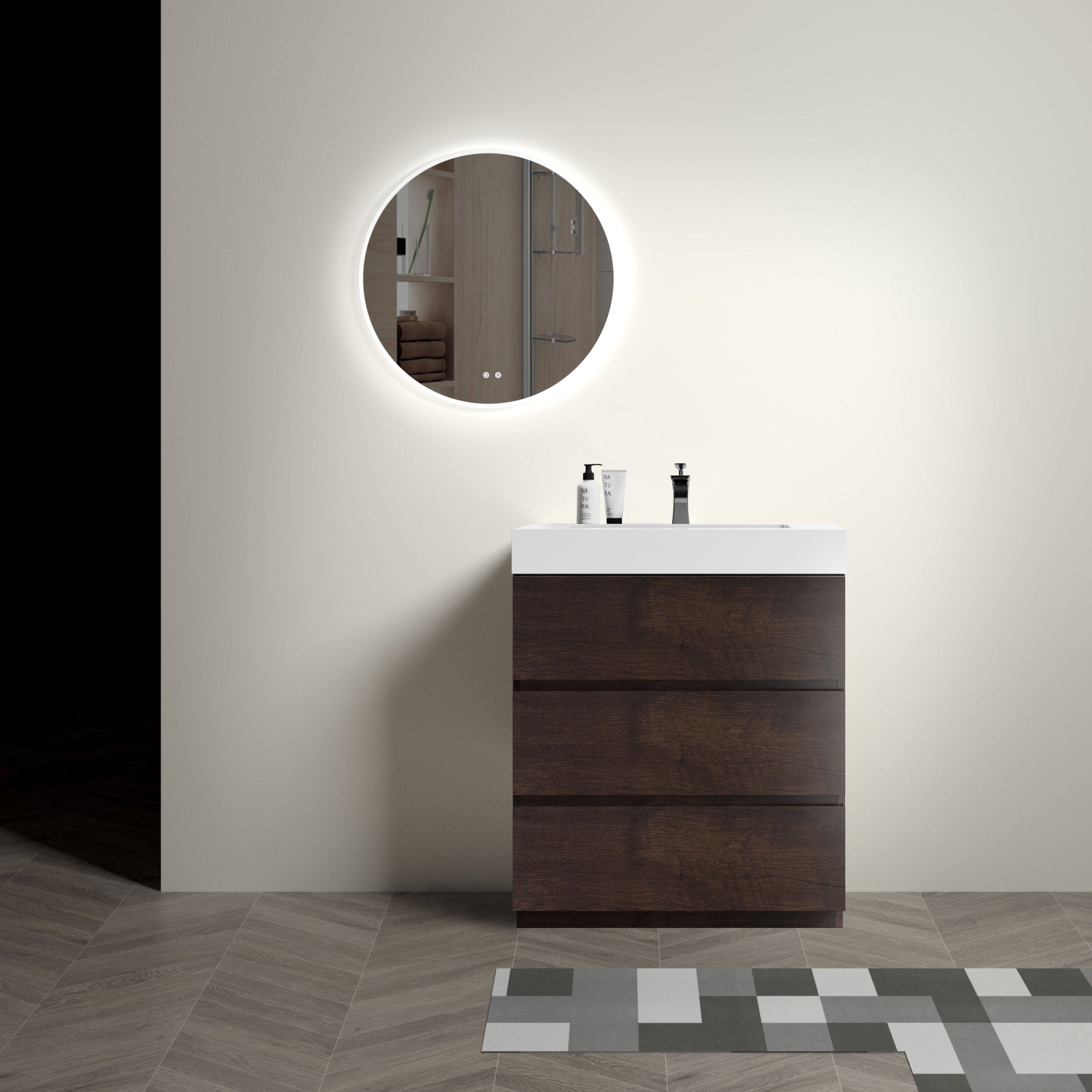 Alice 30" Walnut Bathroom Vanity with Sink, Large Storage Freestanding Bathroom Vanity for Modern Bathroom, One-Piece White Sink Basin without Drain and Faucet