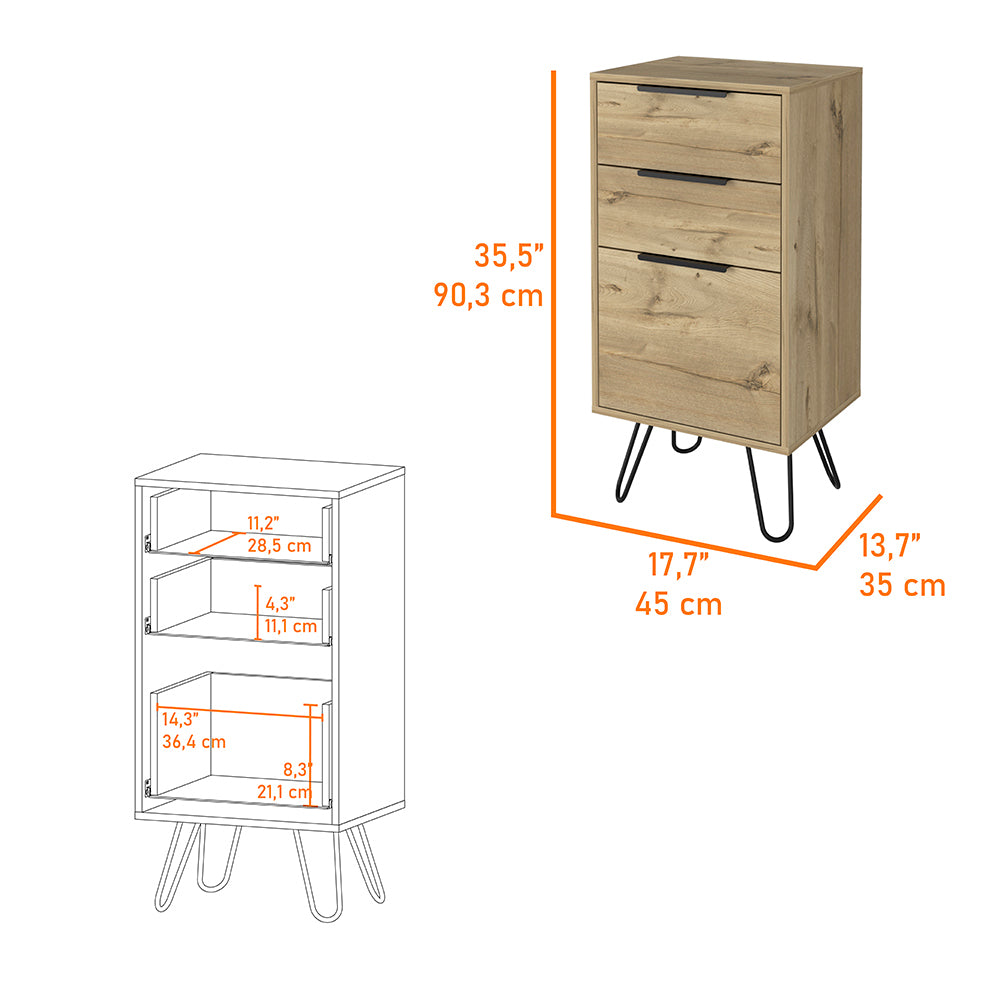 Light Dresser Skyoner, Hairpin Legs, Superior Top,Three Drawers, Light Oak Finish