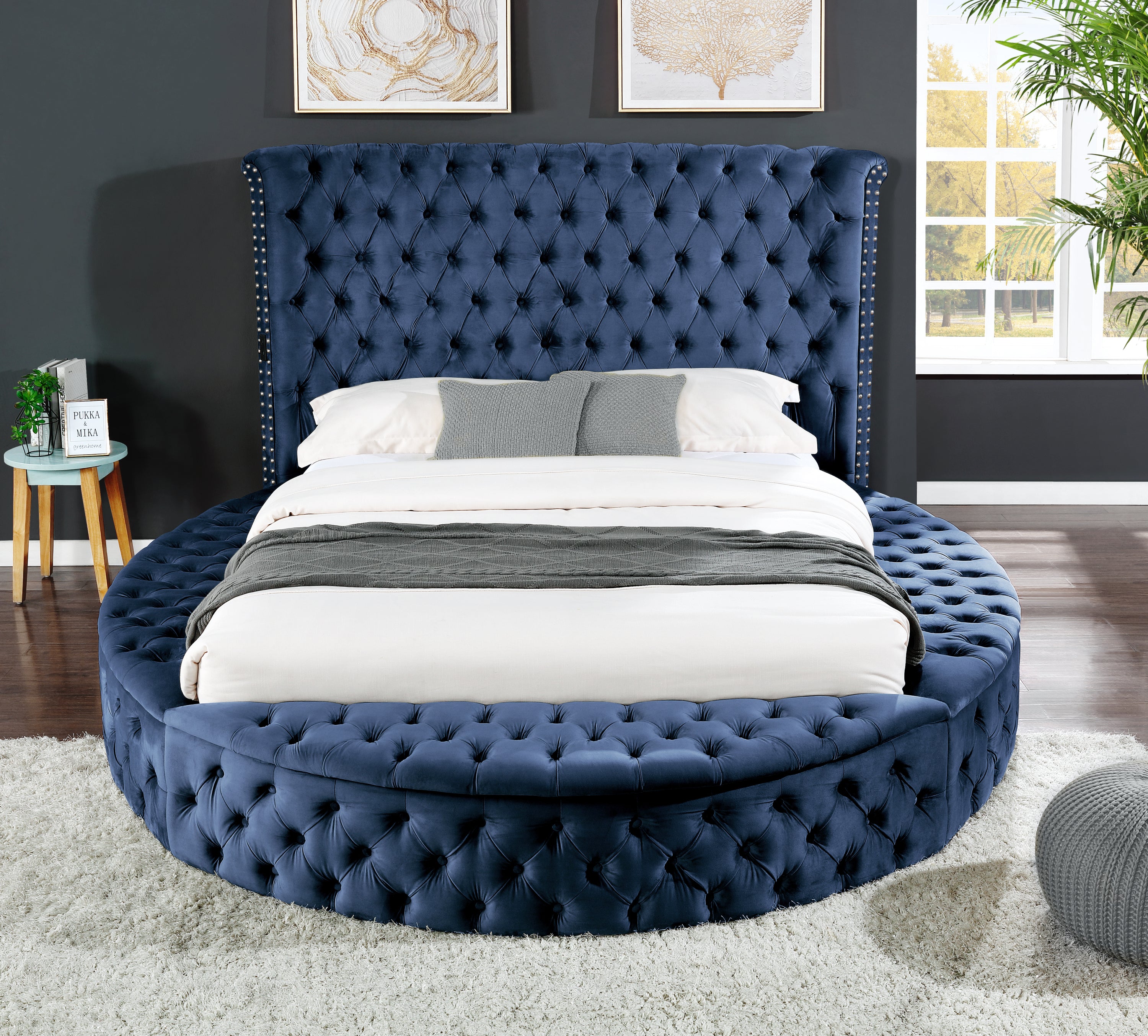 Hazel King Size Tufted Storage Bed made with Wood in Blue