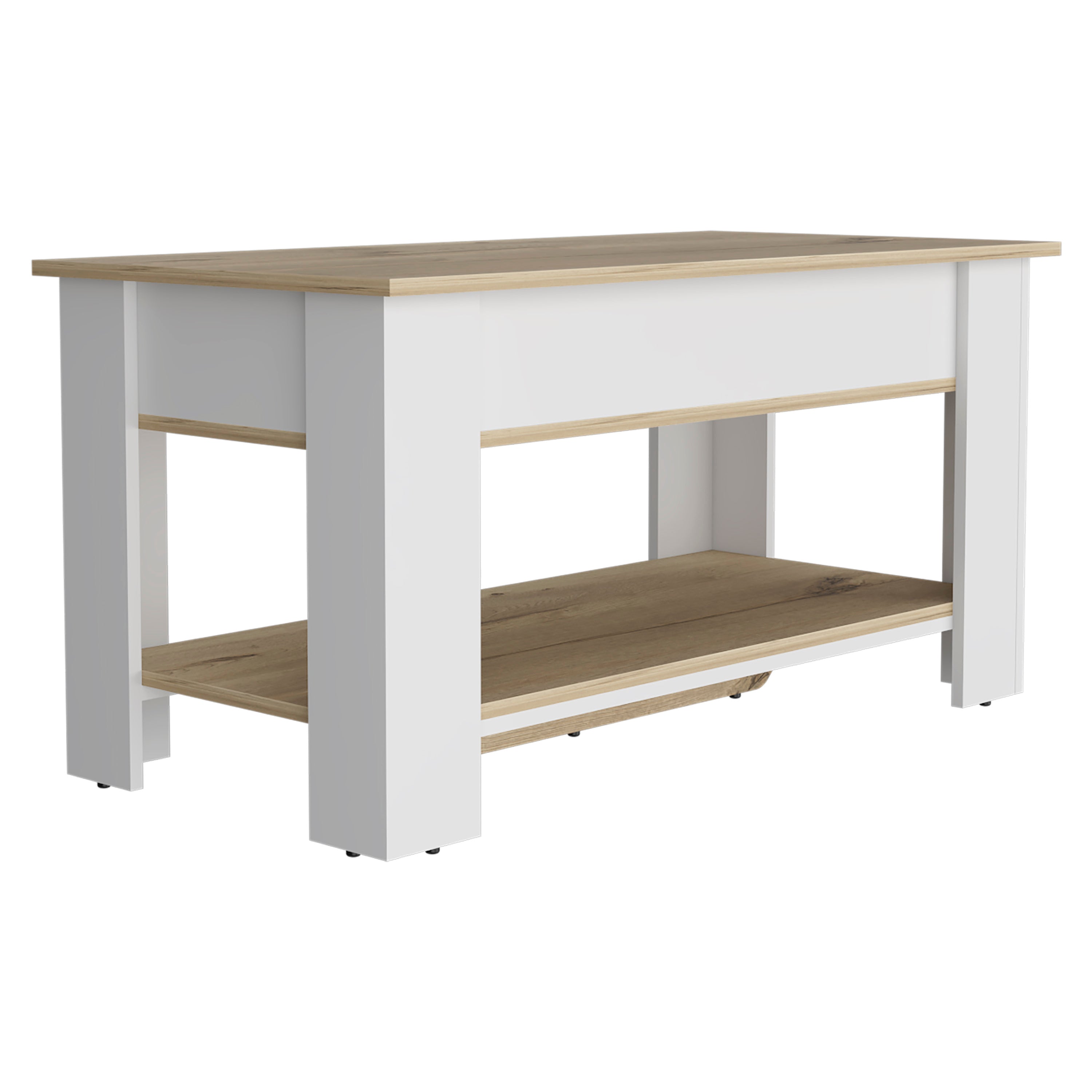 Storage Table Polgon, Extendable Table Shelf, Lower Shelf, Light Oak / White Finish