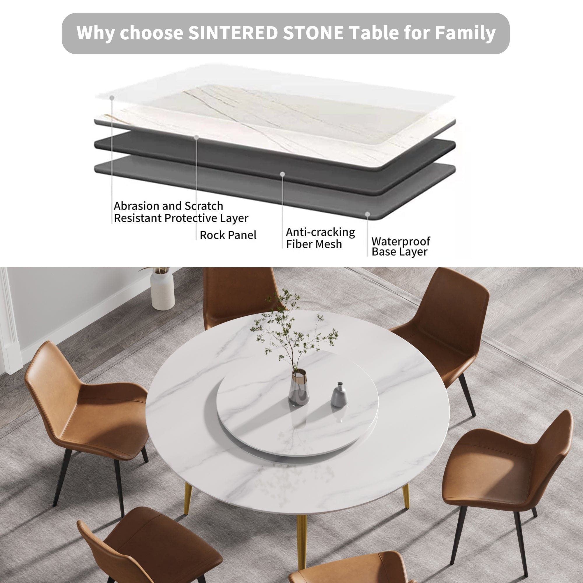 59.05"Modern artificial stone round golden metal dining table-can accommodate 6 people-31.5"white artificial stone turntable