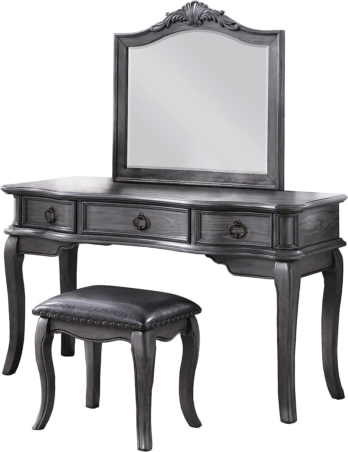 Contemporary Grey Finish Vanity Set w Stool Retro Style Drawers cabriole-tapered legs Mirror w floral crown molding Bedroom Furniture