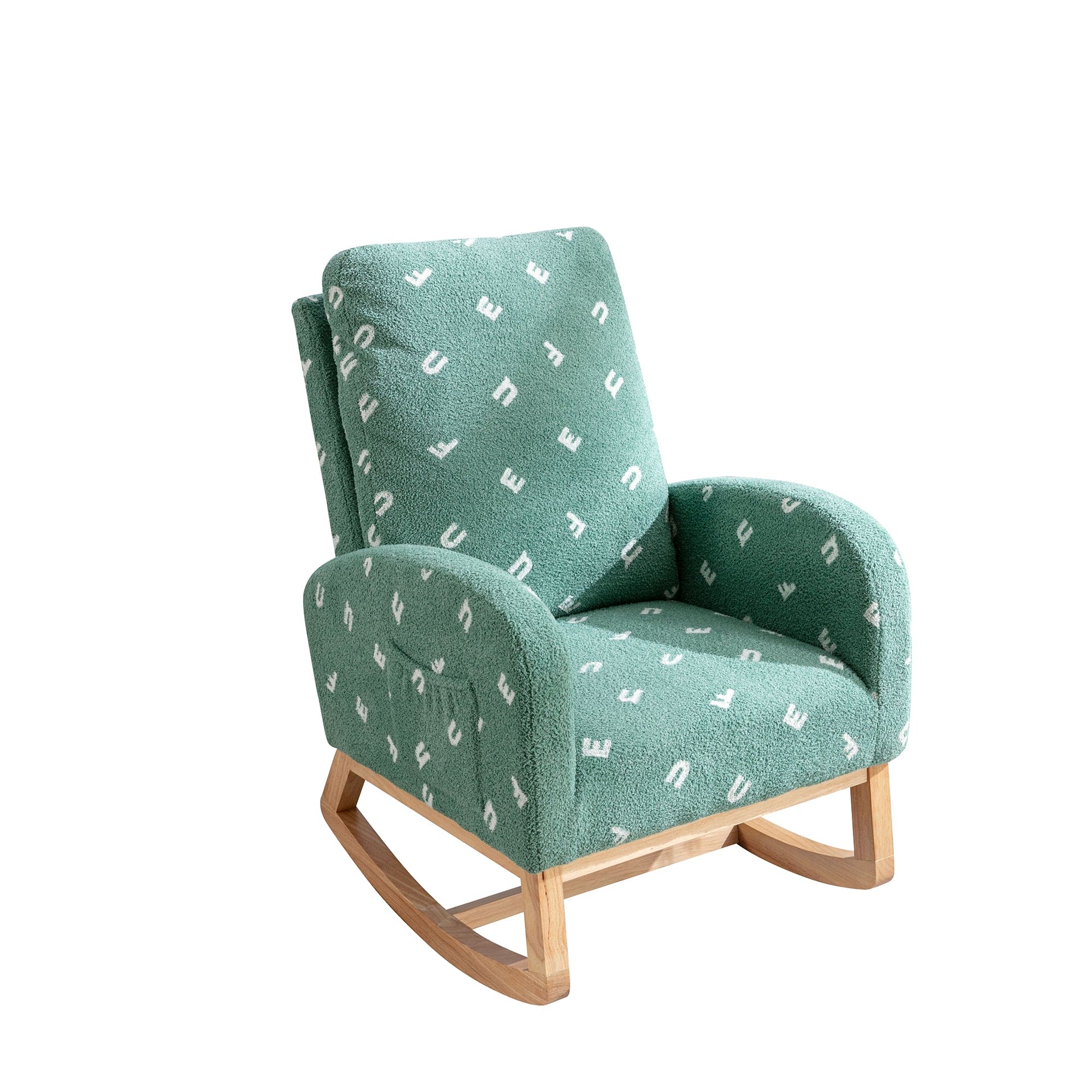 26.8"W Modern Rocking Chair for Nursery, Mid Century Accent Rocker Armchair With Side Pocket, Upholstered High Back Wooden Rocking Chair for Living Room Baby Kids Room Bedroom, Green Boucle