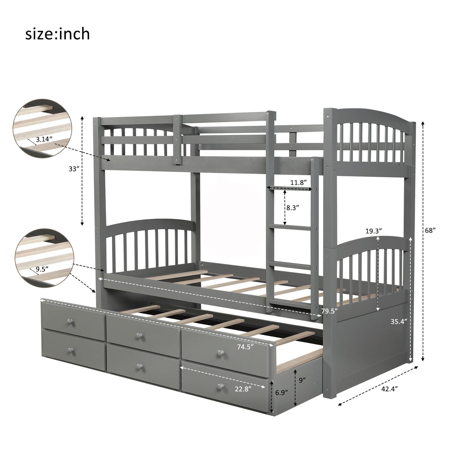 Twin Bunk Bed with Ladder, Safety Rail, Twin Trundle Bed with 3 Drawers for Bedroom, Guest Room Furniture(Gray)(OLD SKU :LP000071AAE)