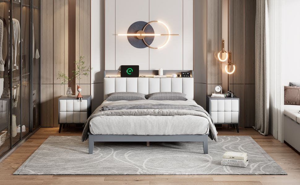 Queen size Platform Bed with USB Charging Station and Storage Upholstered Headboard,LED Bed Frame,No Box Spring Needed,Gray+White