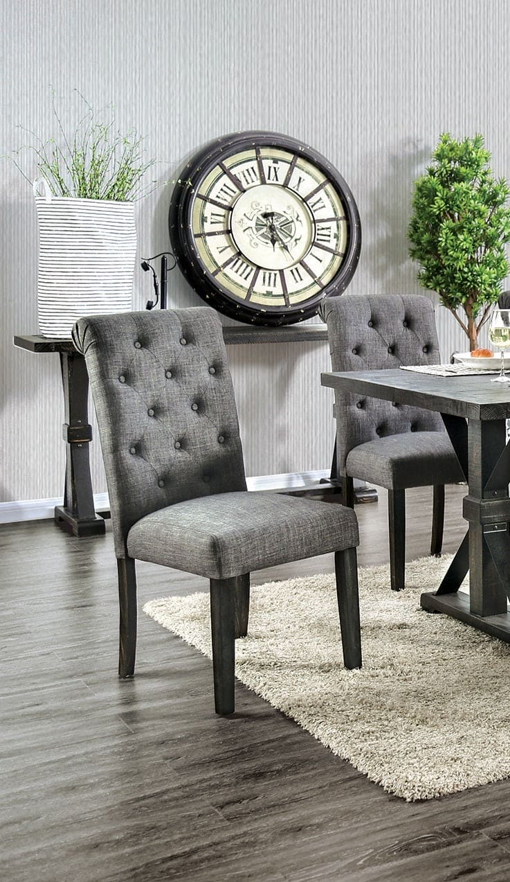 Classic Antique Black / Gray Set of 2 Side Chairs Button Tufted Linen Like Fabric Solid wood Chair Upholstered Scroll Back Kitchen Rustic Dining Room Furniture