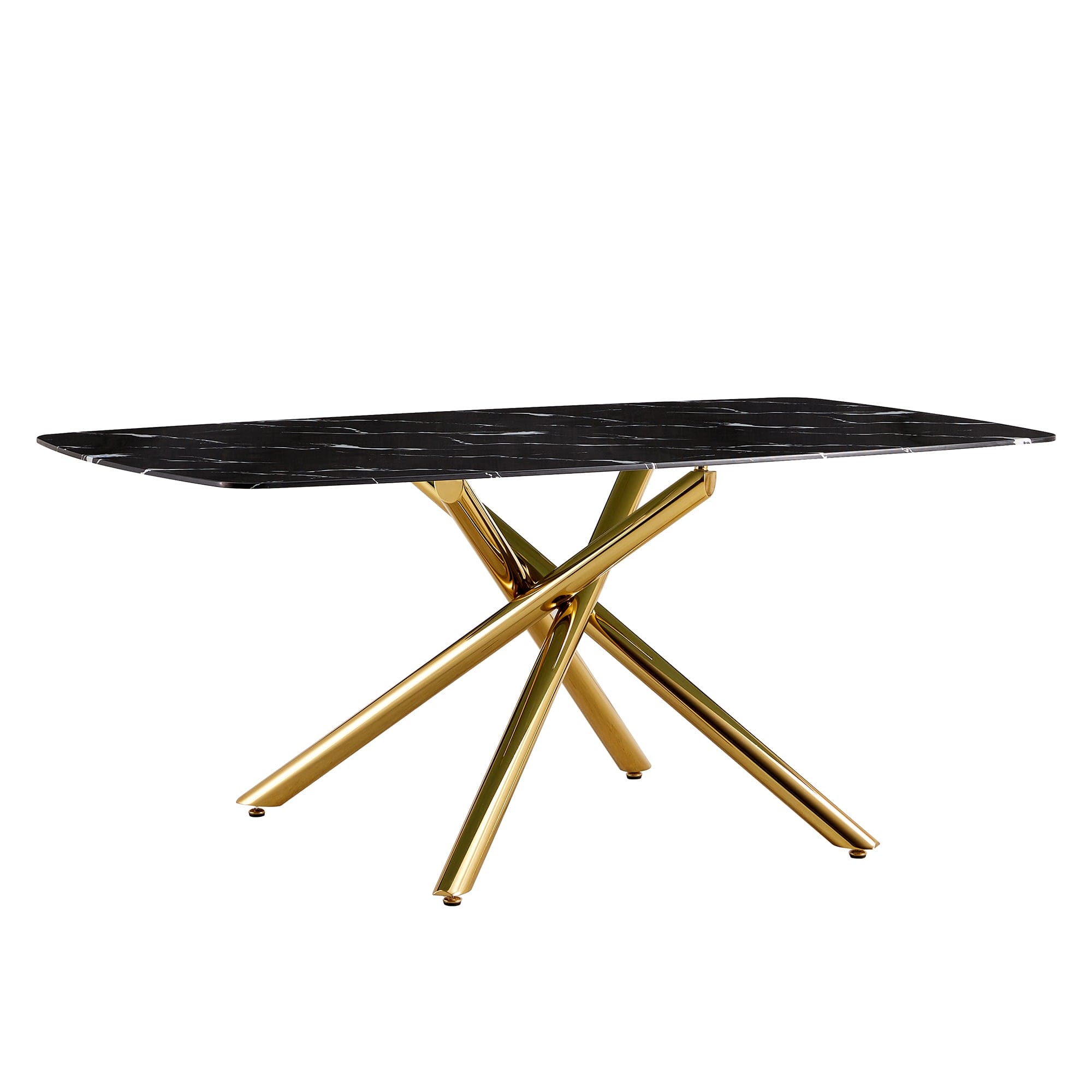 Large modern minimalist rectangular dining table with 0.39 "imitation marble black tabletop and golden metal legs, for Kitchen Dining Living Meeting Room Banquet hall 1537