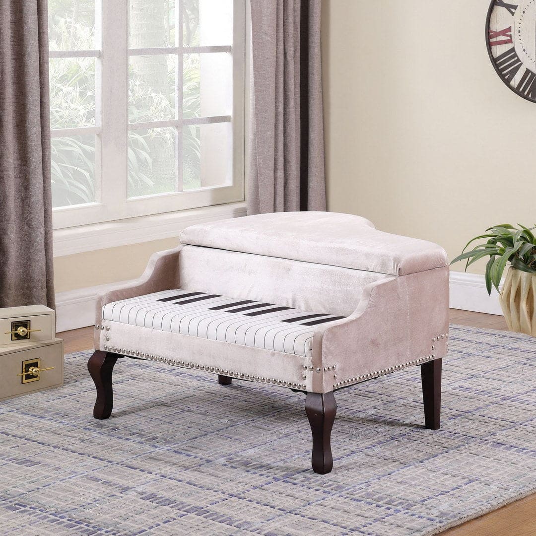 21-Inch-Long Beige Piano Silver Nailheads Storage Ottoman