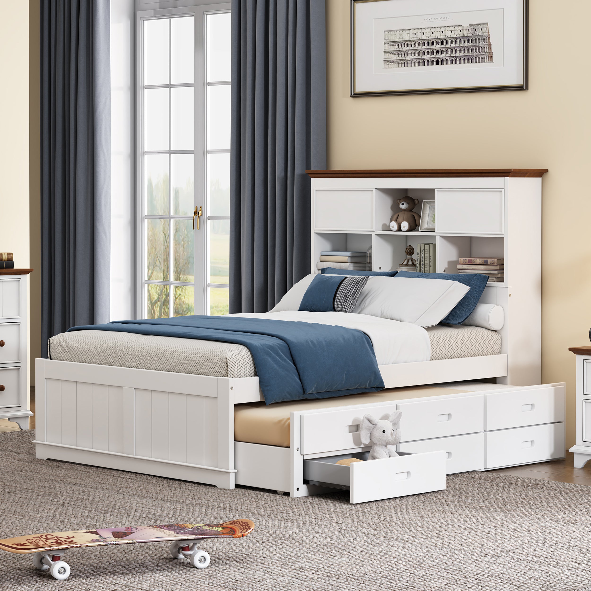 2 Pieces Wooden Captain Bedroom Set Full Bed with Trundle and Nightstand,White+Walnut