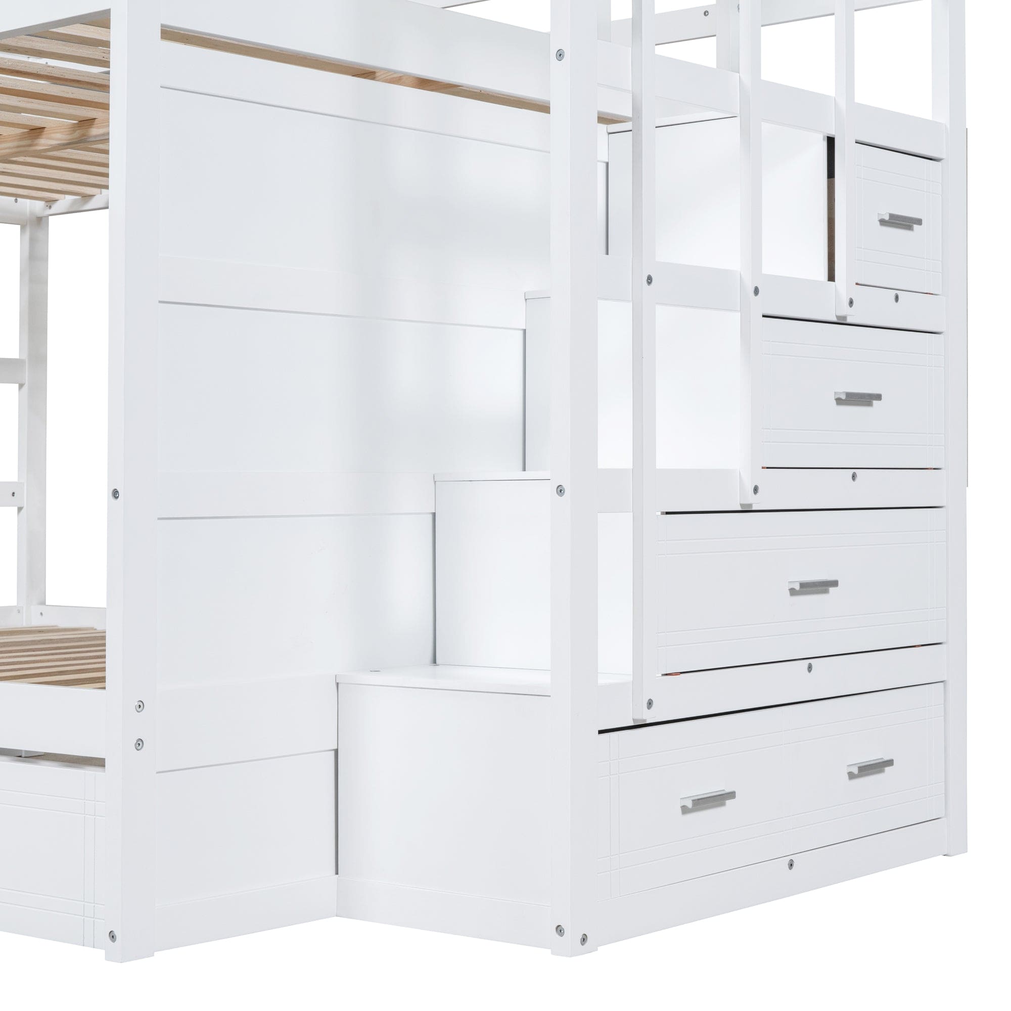 Full Over Full Bunk Bed with Twin Size Trundle and Staircase, White